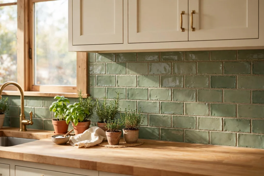 Kitchen backsplash ideas with sage green subway tile and cream cabinets in a cozy kitchen.