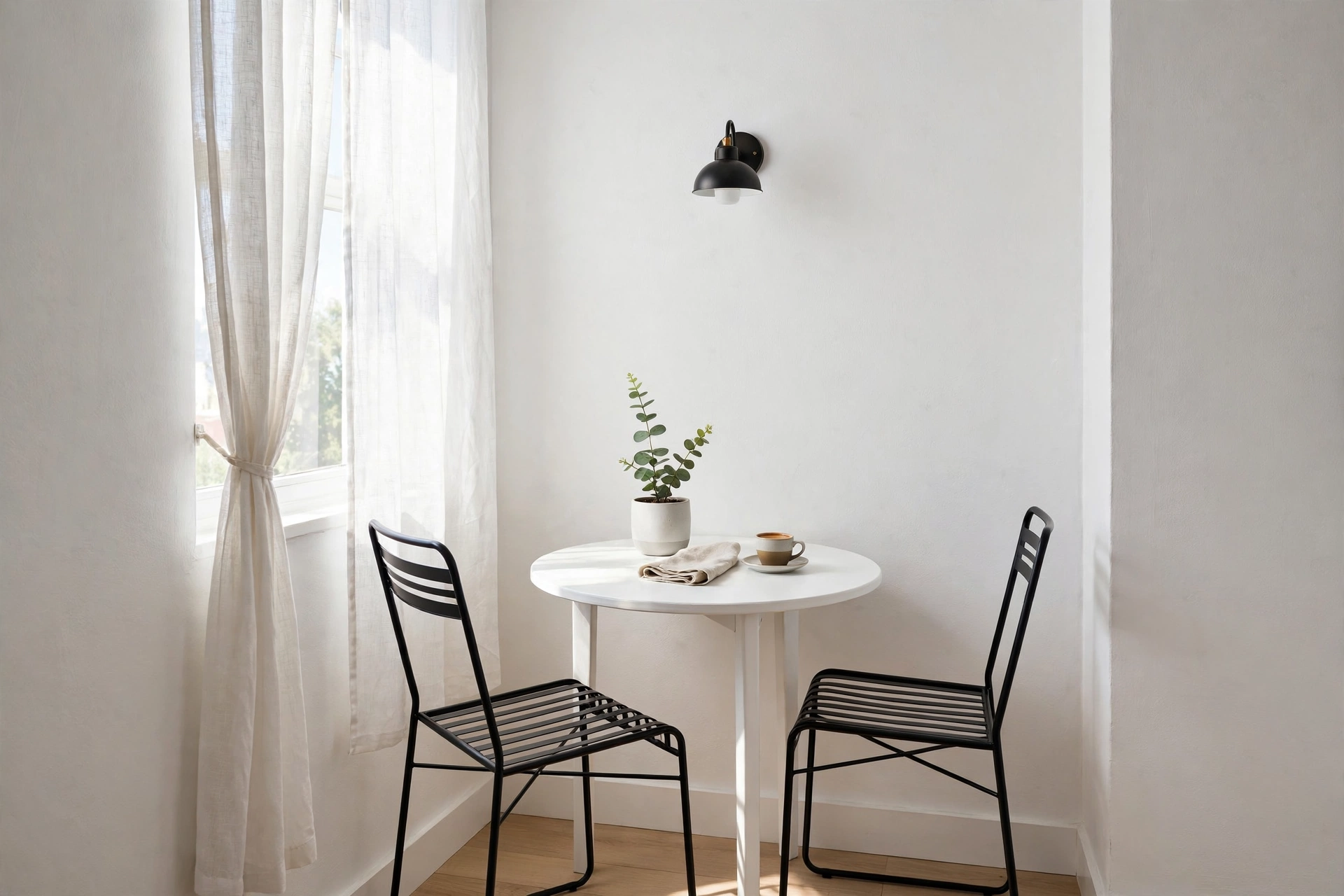 Breakfast nook ideas with a petite bistro table and two chairs tucked into a tiny corner.