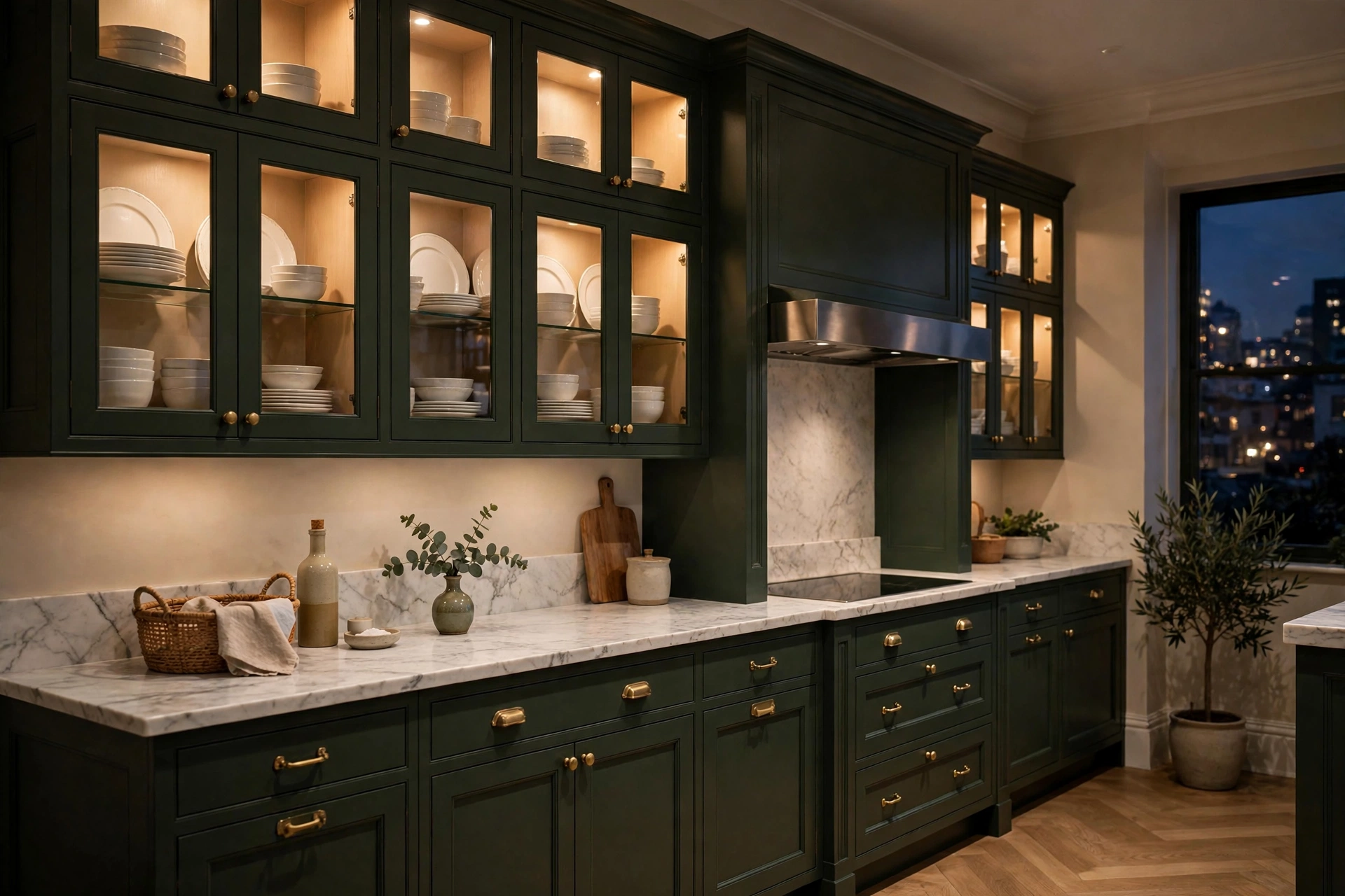 Open kitchen shelving ideas with glass-front cabinets glowing with interior lighting.
