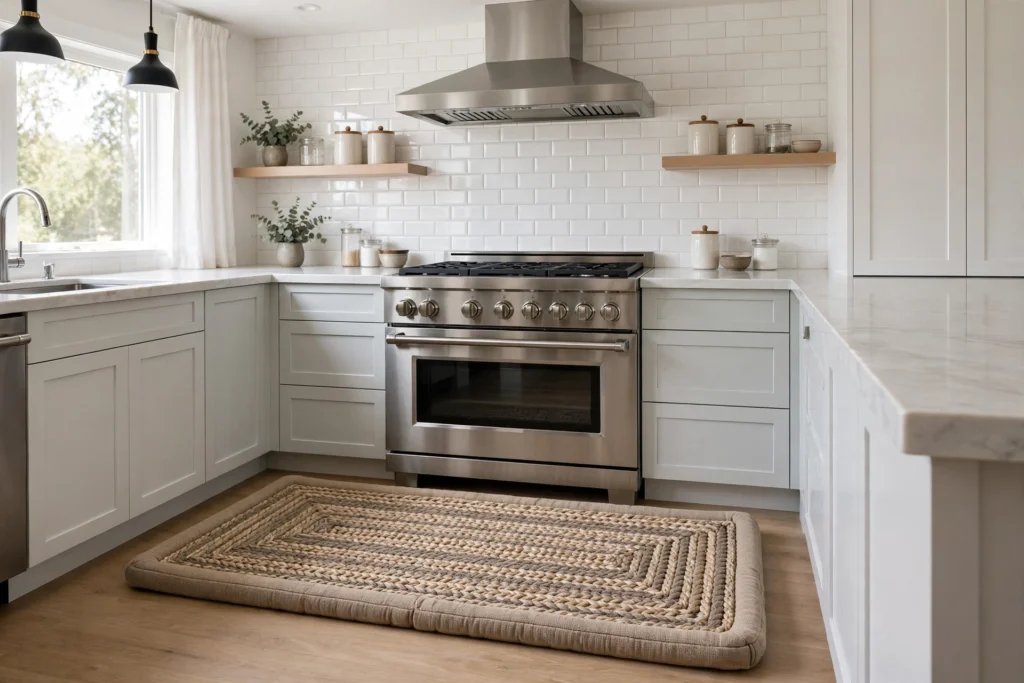 Kitchen rug ideas with a cushioned anti-fatigue runner in front of a range.