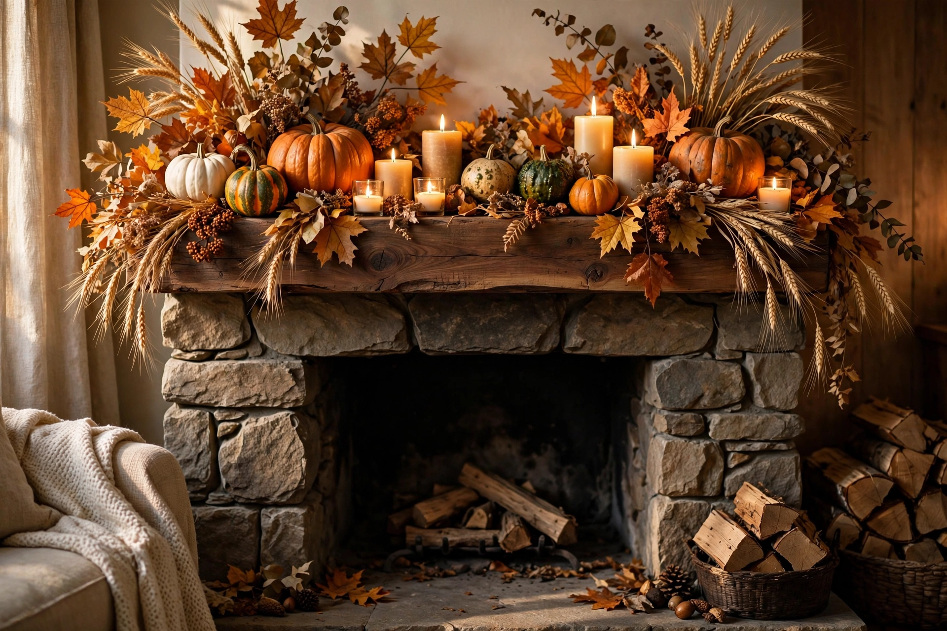 Fireplace mantel decor ideas with pumpkins, gourds, and warm fall foliage.