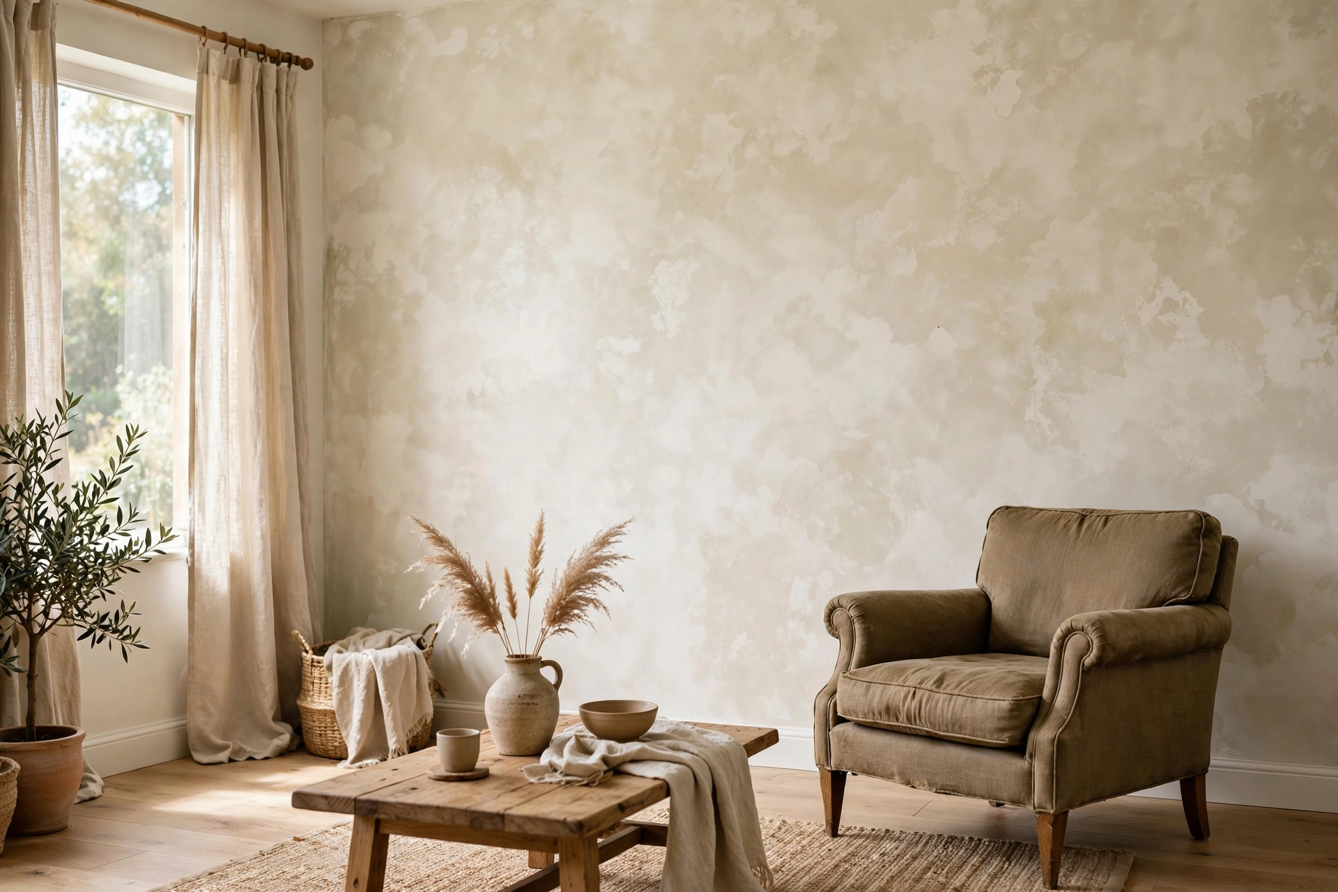 Living room accent wall ideas showing a cloudy limewash plaster wall in warm white behind a vintage armchair.