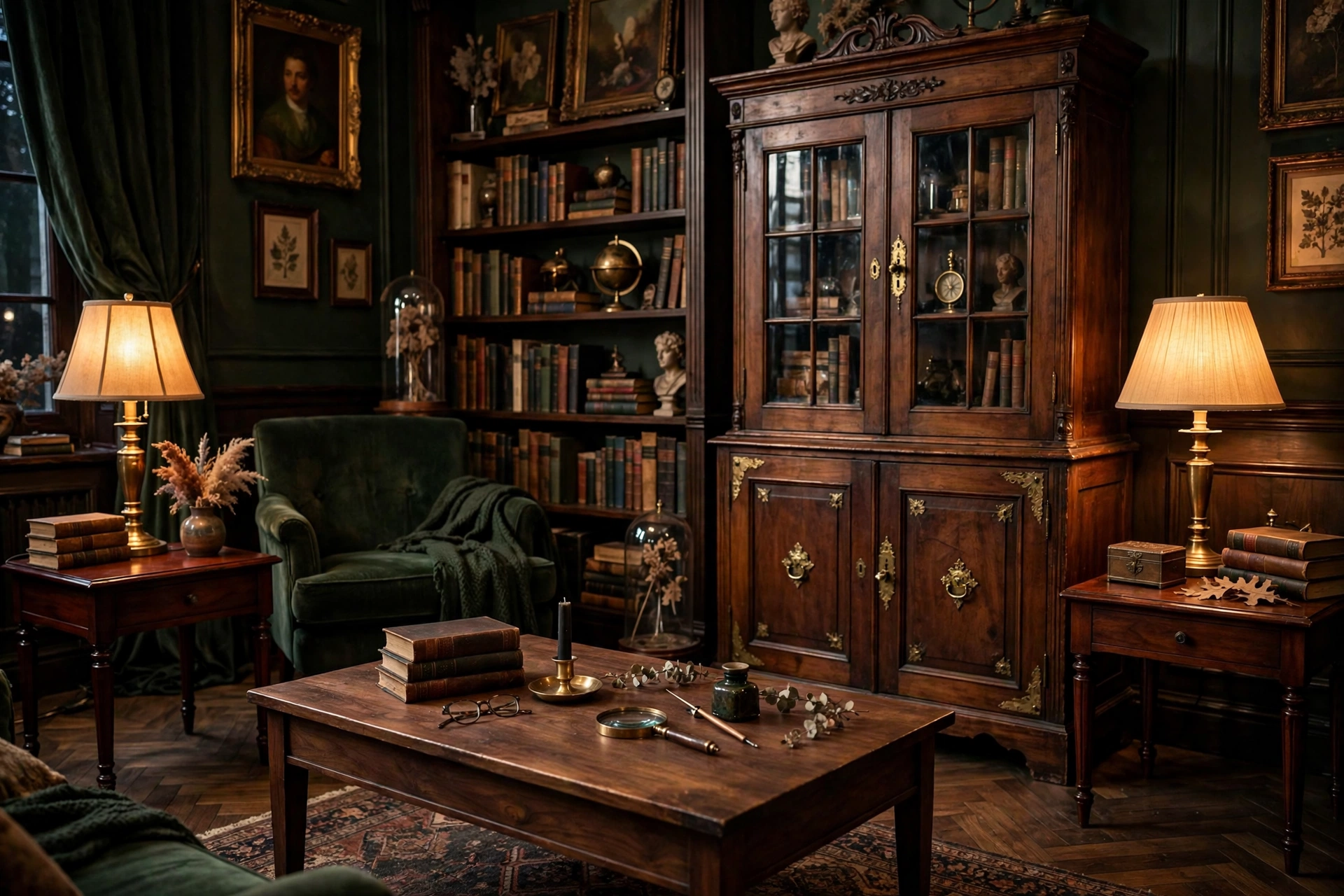Dark academia living room with a walnut coffee table, mahogany side tables, and an antique wooden cabinet.