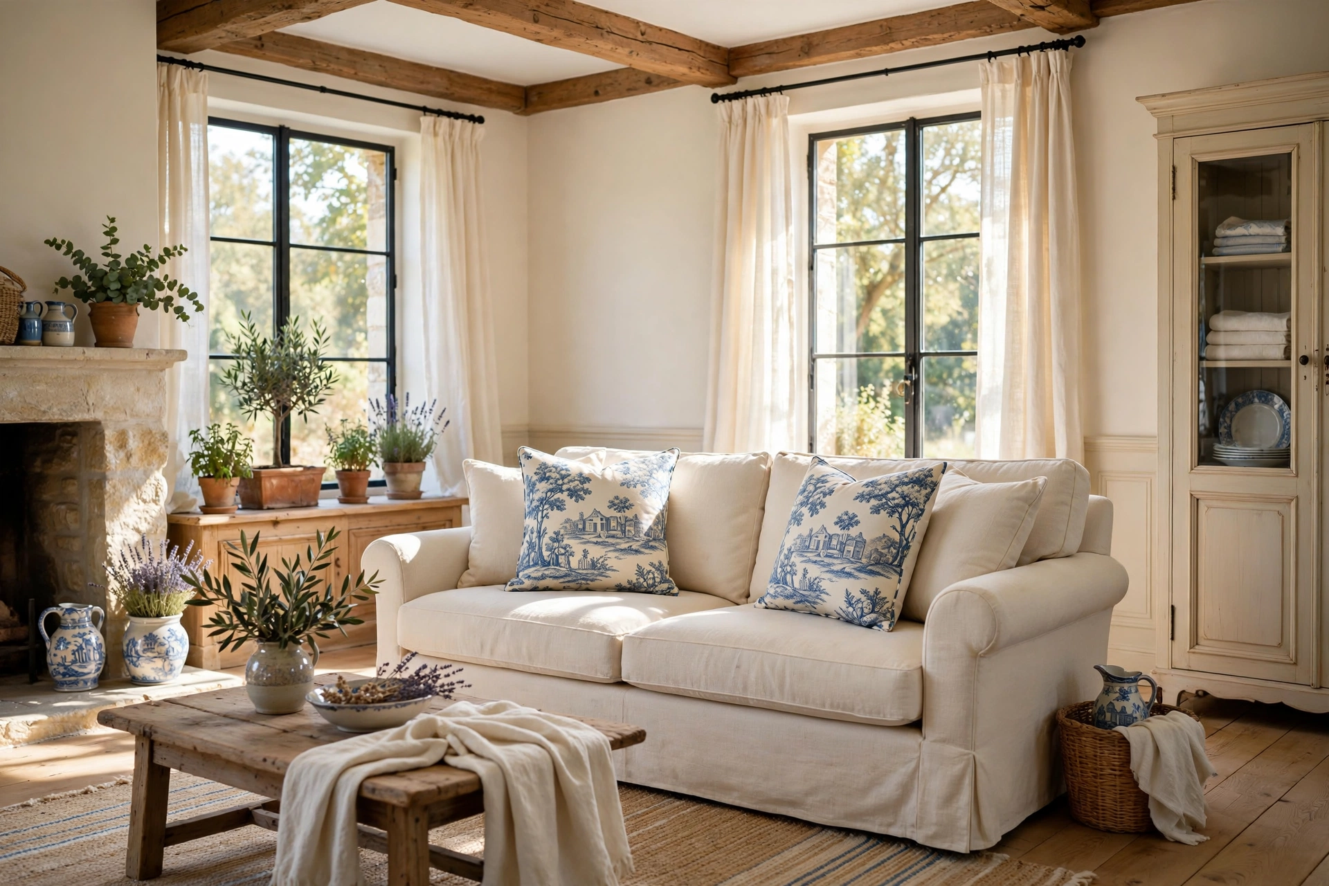 French country living room with blue-and-white toile throw pillows on a cream sofa near sunlit windows.