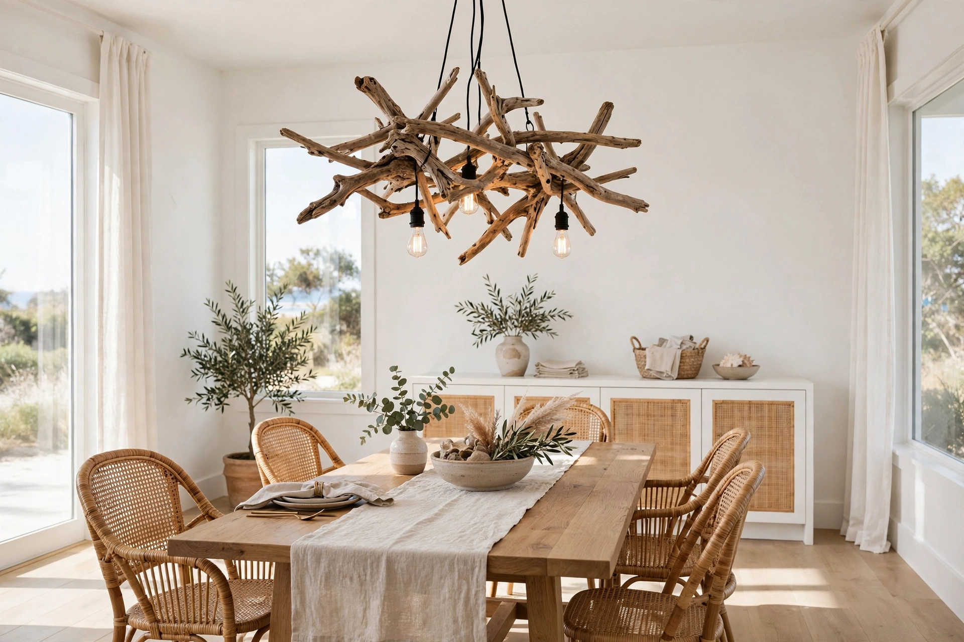 Coastal dining room ideas with a driftwood chandelier hanging over the dining table in a bright dining room.