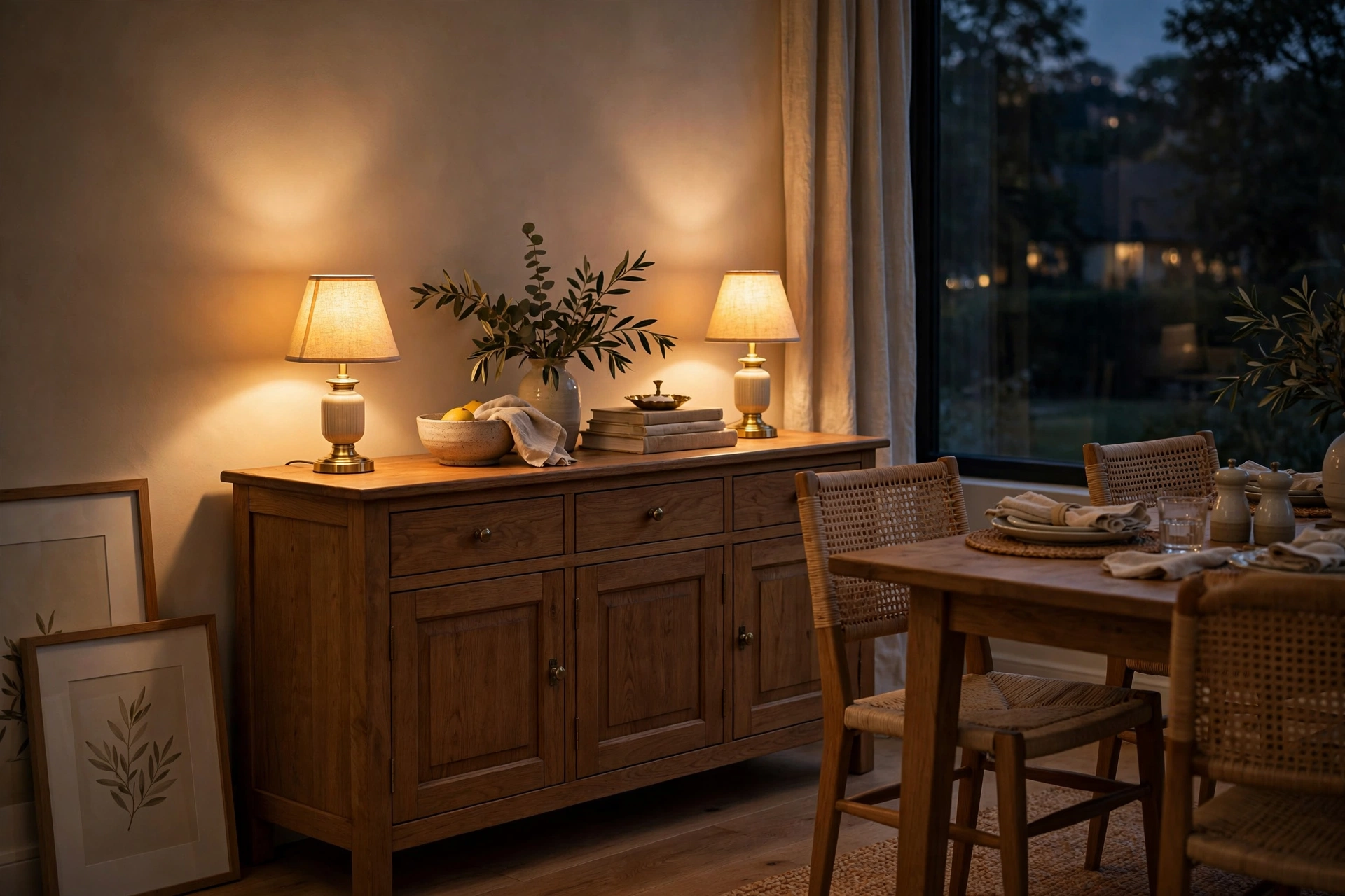 Dining room lighting ideas with a pair of small buffet lamps glowing on a sideboard beside the dining table.