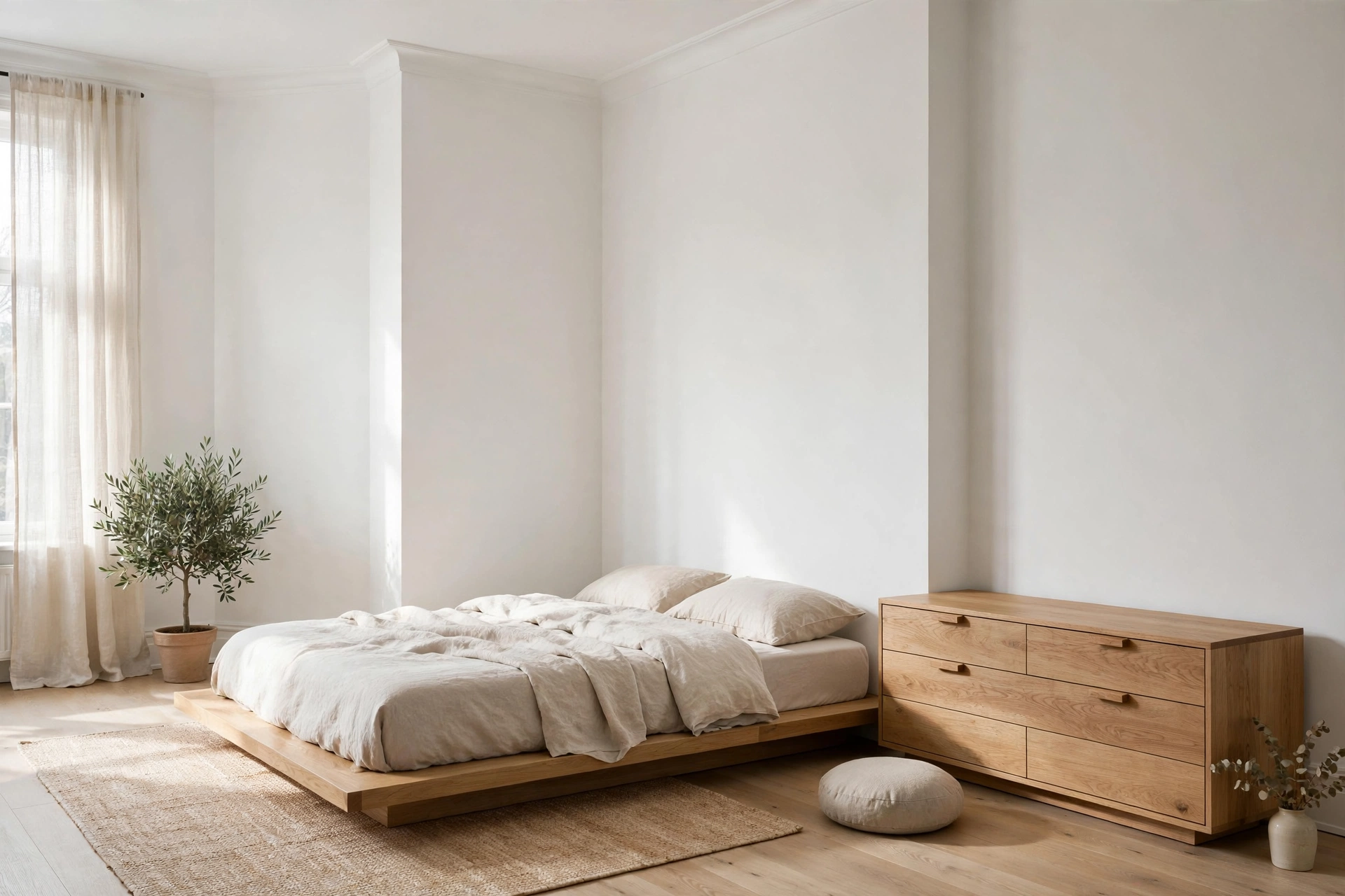 Low-profile Scandinavian bedroom with low bed, low oak dresser and floor cushion