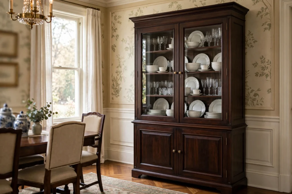 Dark wood china cabinet with glass doors displaying white china and crystal glassware in a traditional dining room.