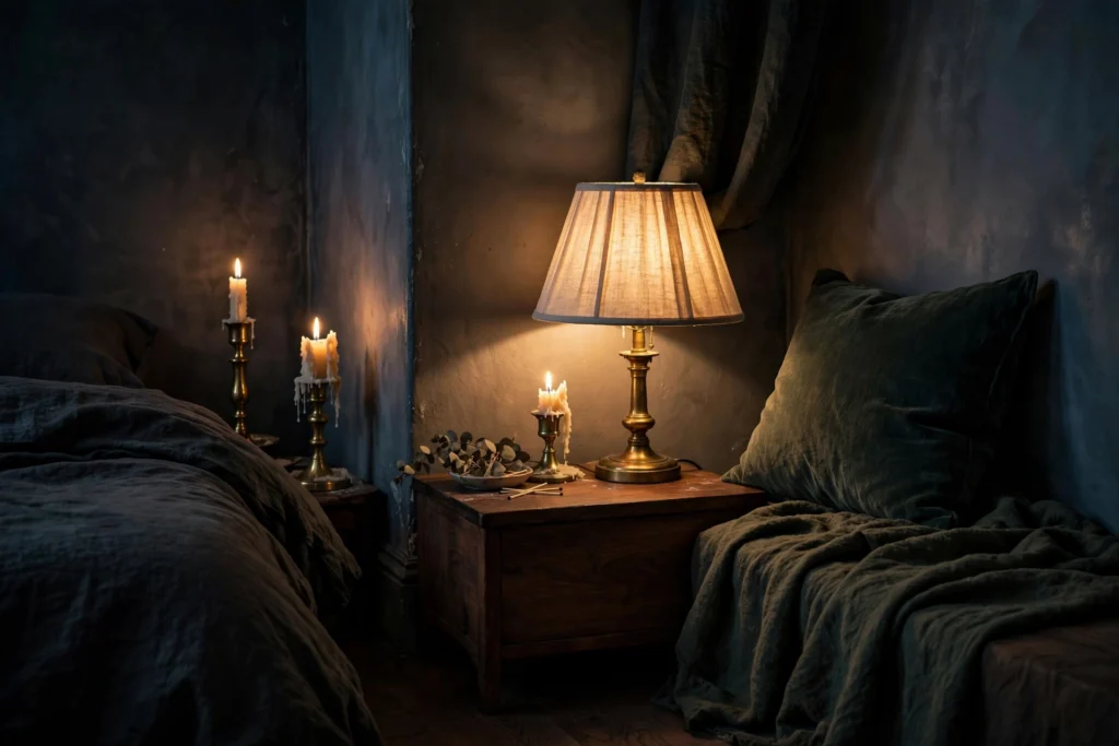 Moody bedroom corner lit by glowing candles in brass holders, a fabric-shade table lamp, and soft shadows.