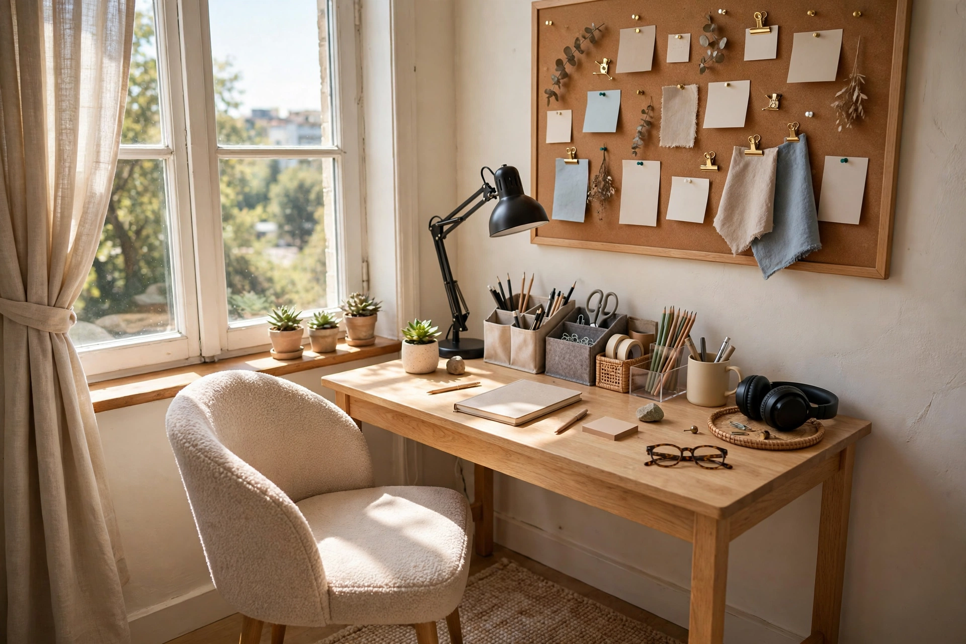 Compact dorm desk setup with a task lamp, organizer caddies, bulletin board, and comfortable chair by a window.