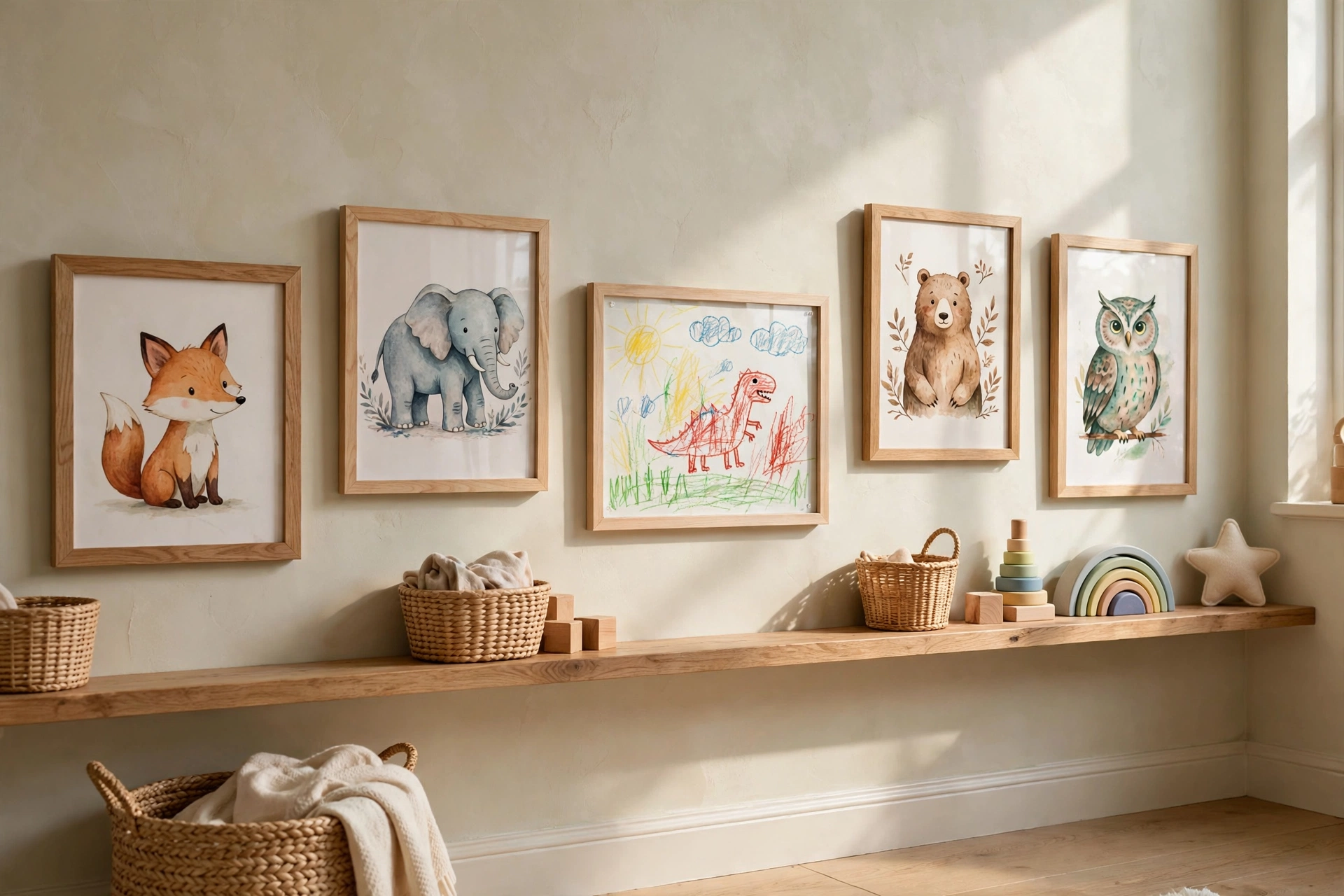 Kids bedroom wall with framed animal prints and children's artwork hung low at a toddler's eye level.