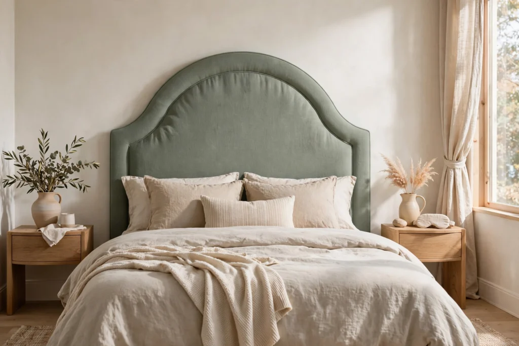 Sage green linen upholstered headboard with arched profile against warm white walls and neutral bedding.