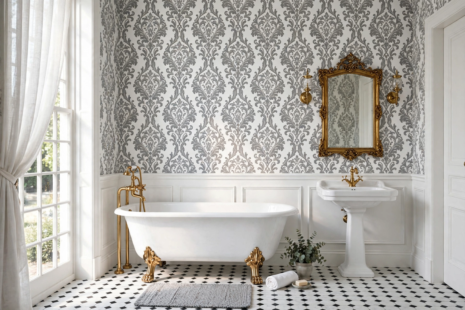 Vintage damask bathroom wallpaper in gray and white with an ornate symmetrical pattern around a clawfoot tub.