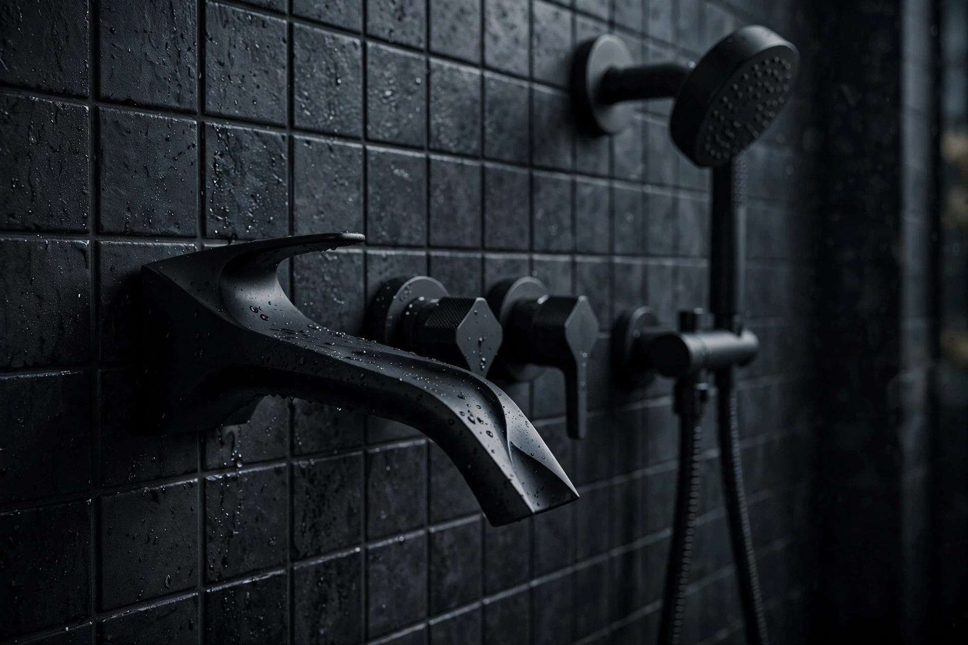 Matte black bathroom fixtures with a sculptural black faucet and showerhead against dark tile.