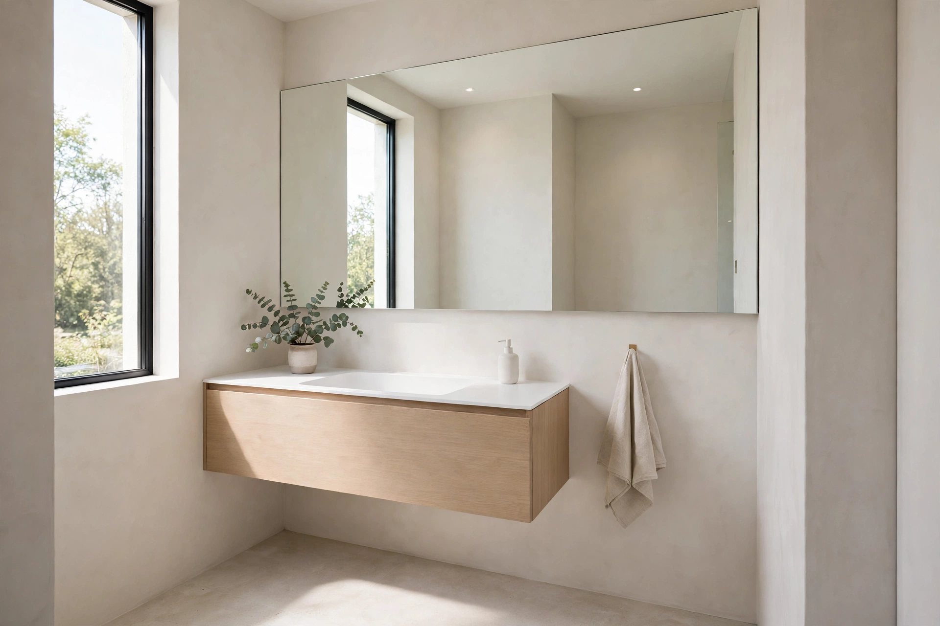 Frameless minimalist bathroom mirror spanning wall-to-wall above a floating vanity in a small bath.