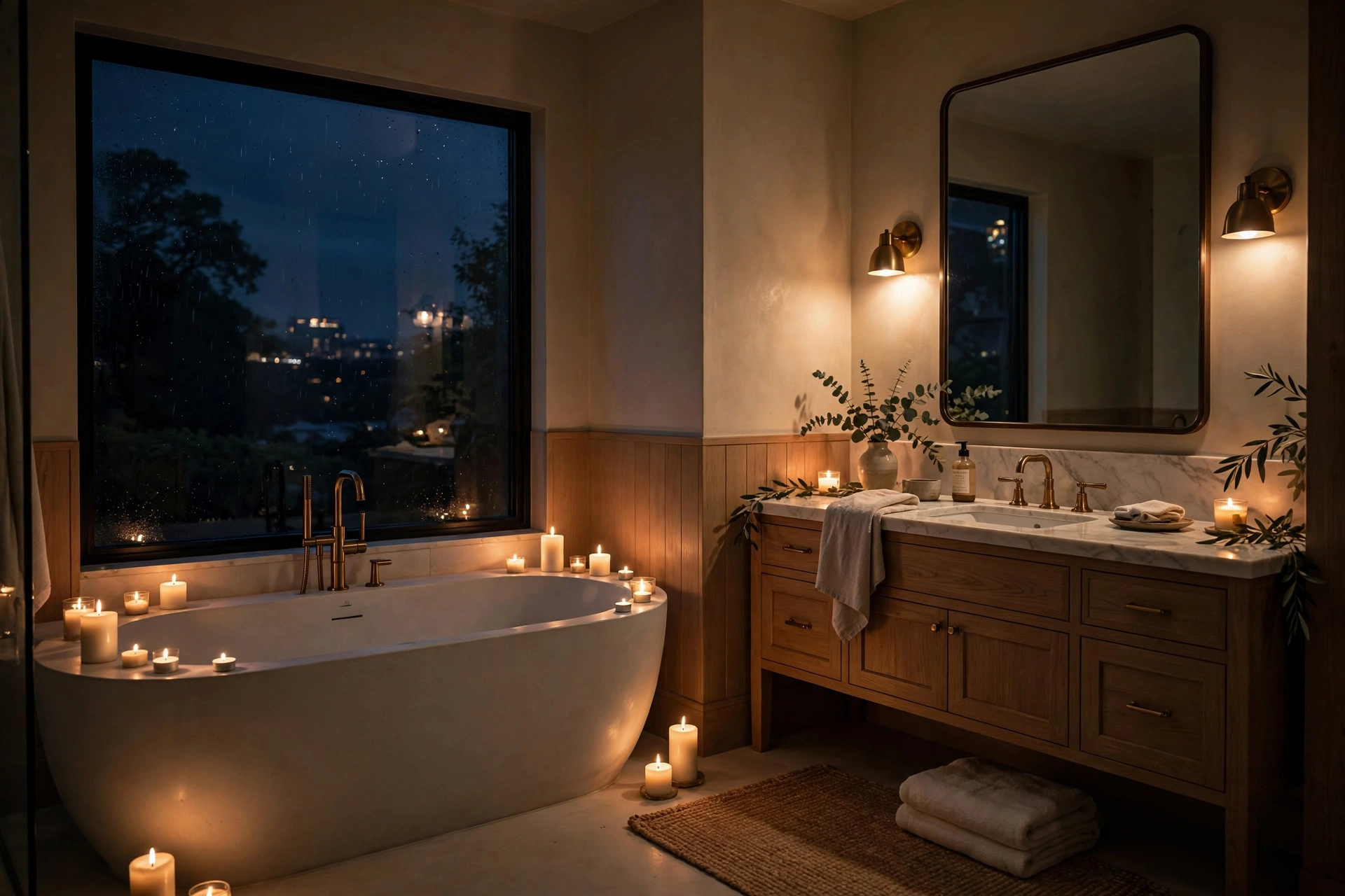 Bathroom with dimmable lighting set to a soft evening glow over the tub and vanity.