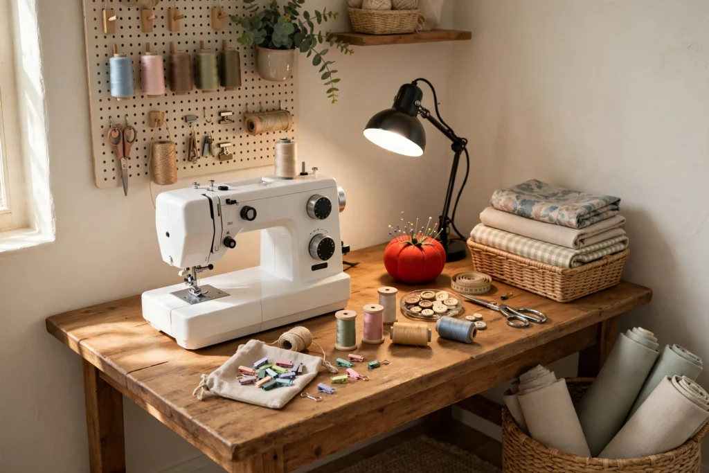 Cozy sewing station nook with machine set up on a sturdy table, task lighting, and notions in reach.