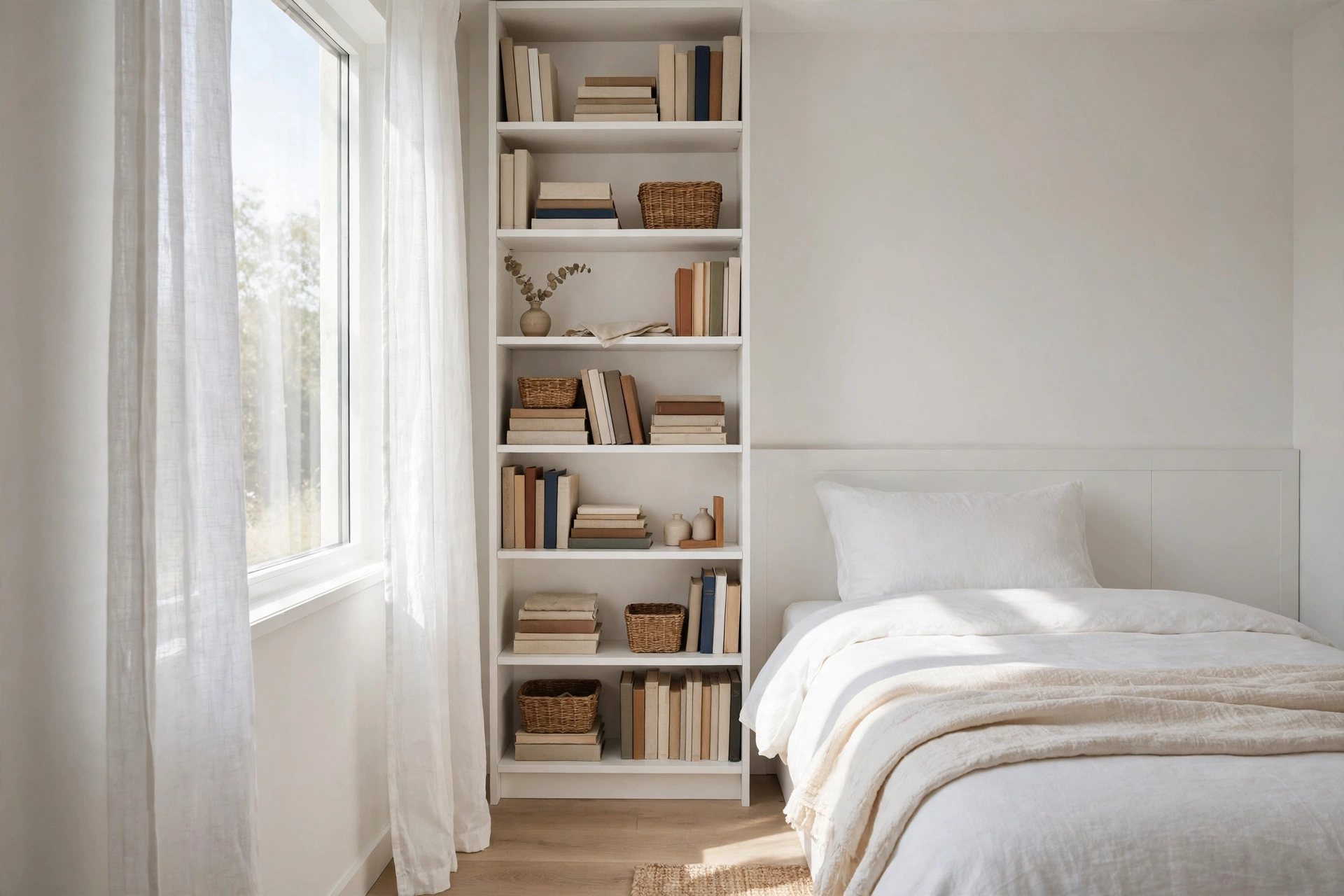 Narrow floor-to-ceiling bookshelf beside the bed in a small bedroom