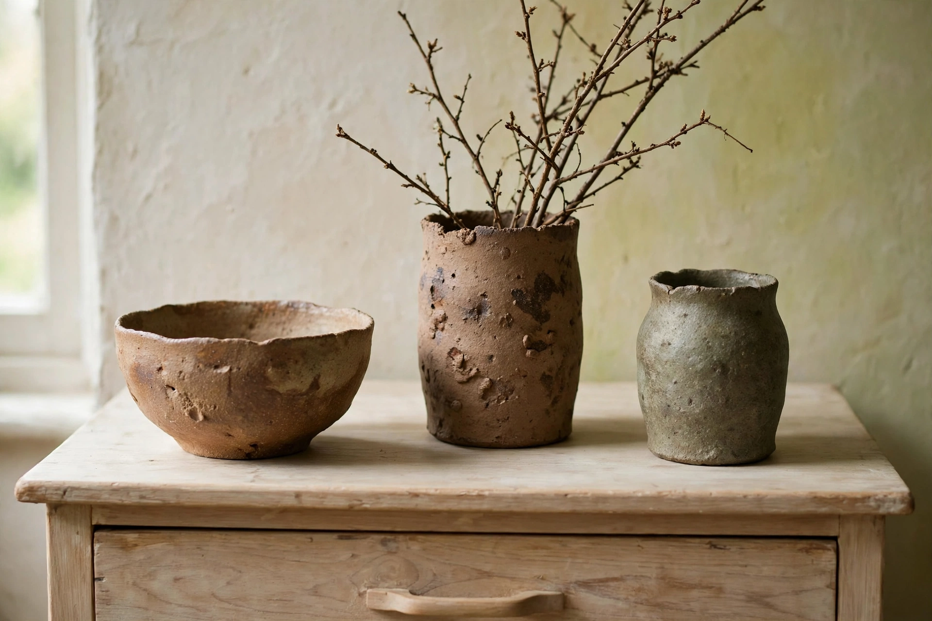 Handmade wabi-sabi ceramic vases with matte glaze on wooden dresser