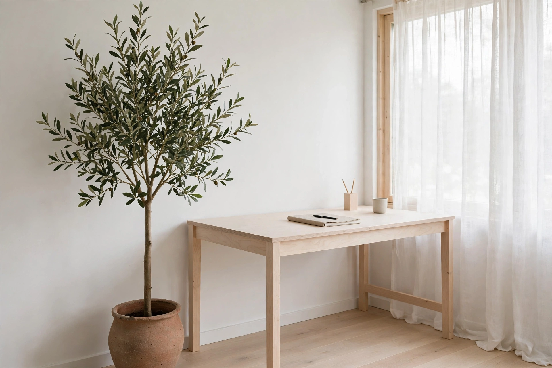 Tall olive tree in a clay pot beside a pale wood desk in a bright Scandinavian office