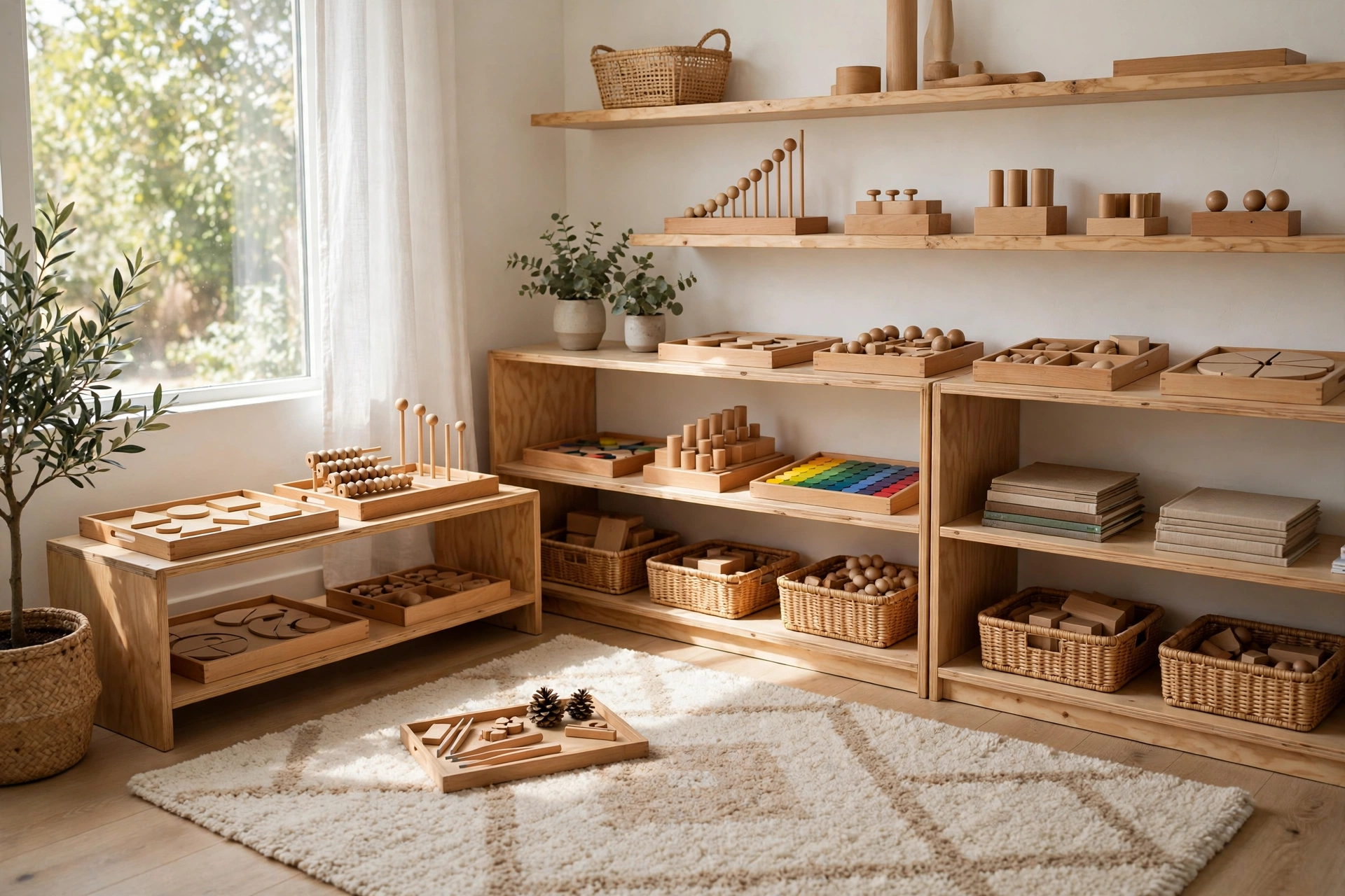 A homeschool room with low open wooden shelves holding labeled trays of learning activities.