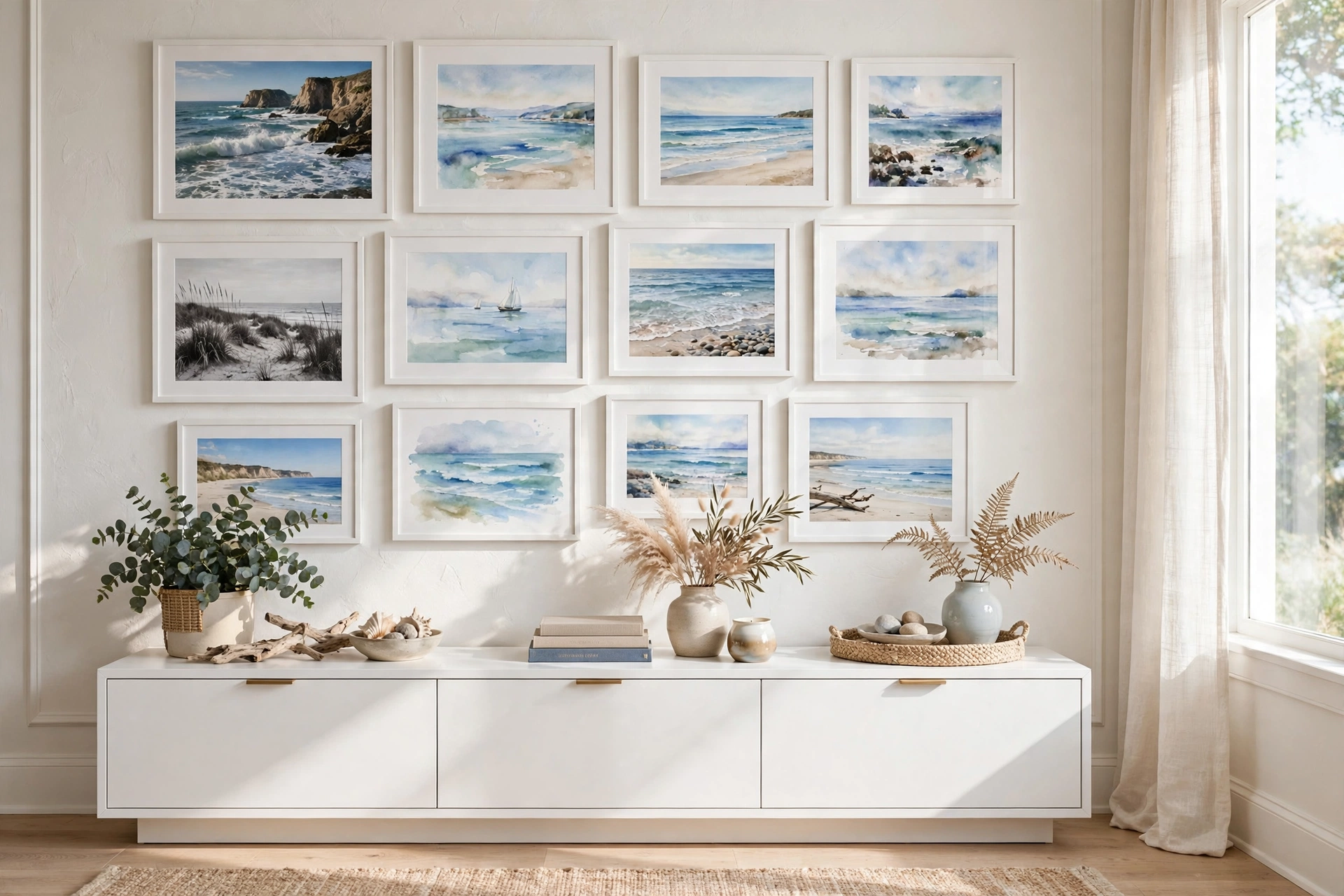 A coastal home office gallery wall of framed beach photography and watercolor seascapes.