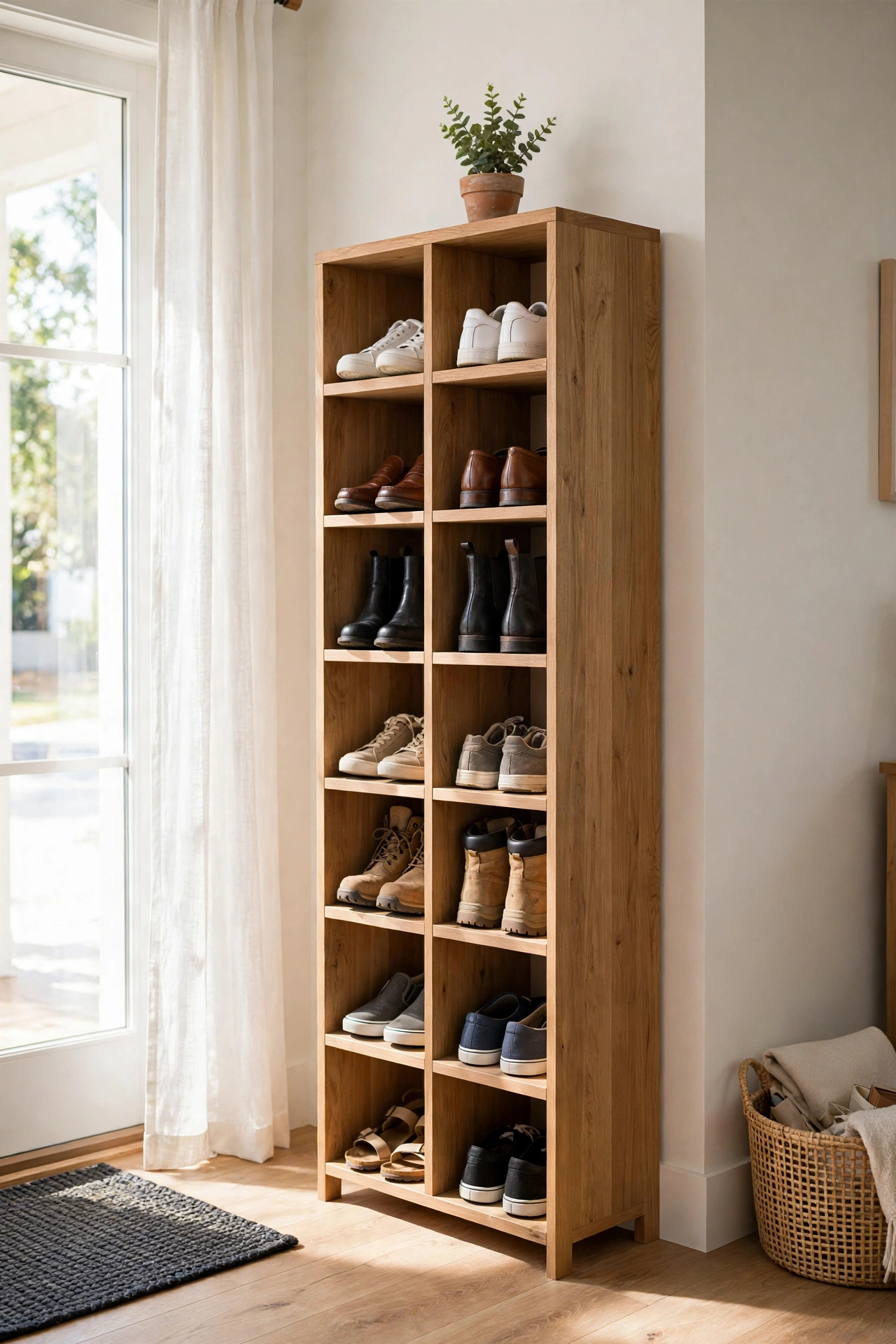 An entryway shoe storage tower of open cubbies labeled for each family member.