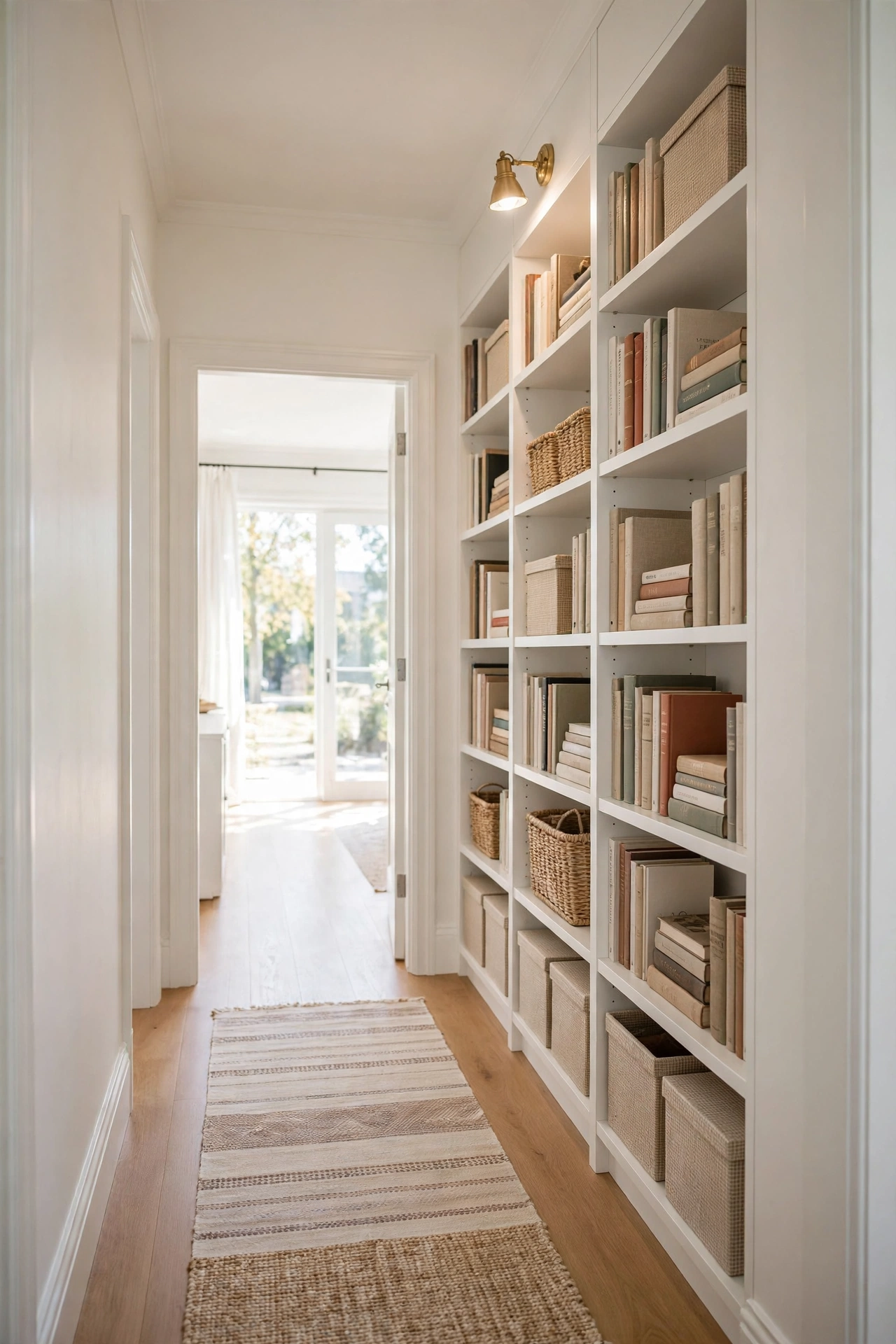 A hallway storage bookcase eight inches deep running floor to ceiling with books and boxes.