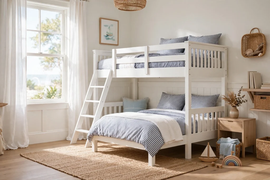 A bunk bed room with crisp white bunks styled with navy striped bedding and a jute rug.