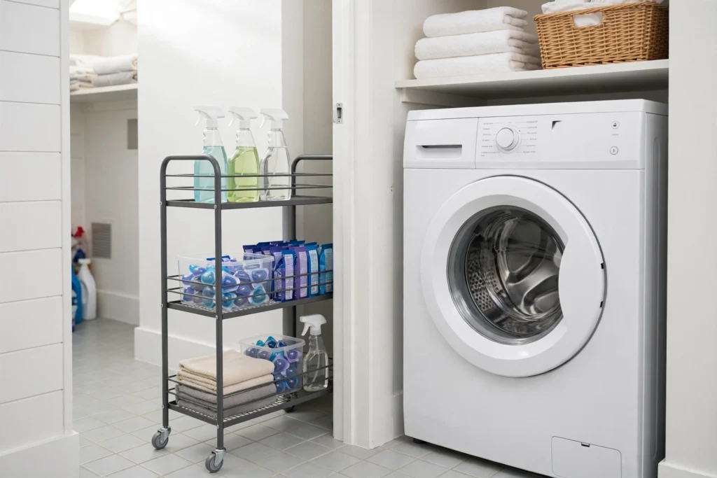 Laundry closet ideas showing a slim three-tier rolling cart pulled out from the gap beside the washing machine.