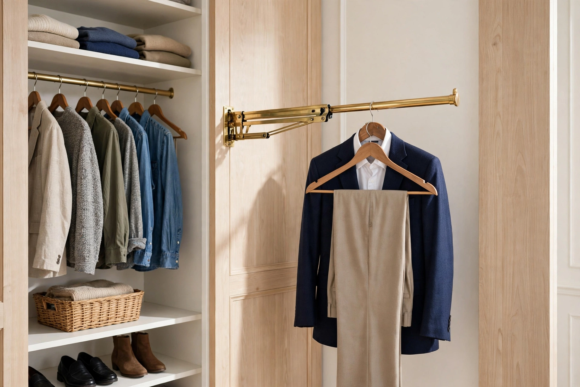 Reach-in closet ideas showing a pull-out brass valet rod holding tomorrow's outfit beside the main closet rod.
