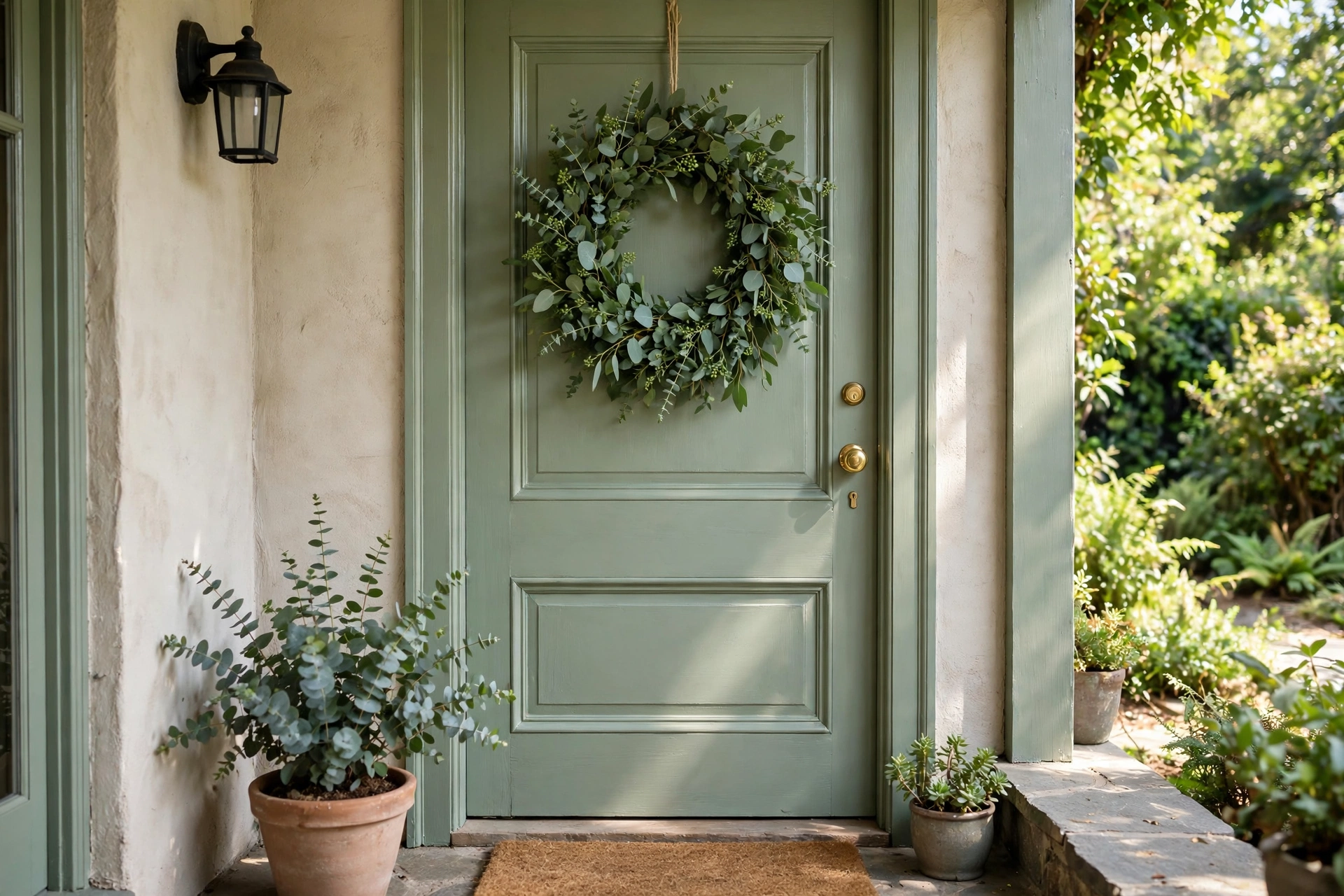 Front porch decorating ideas showing a lush eucalyptus wreath hanging on a painted front door.
