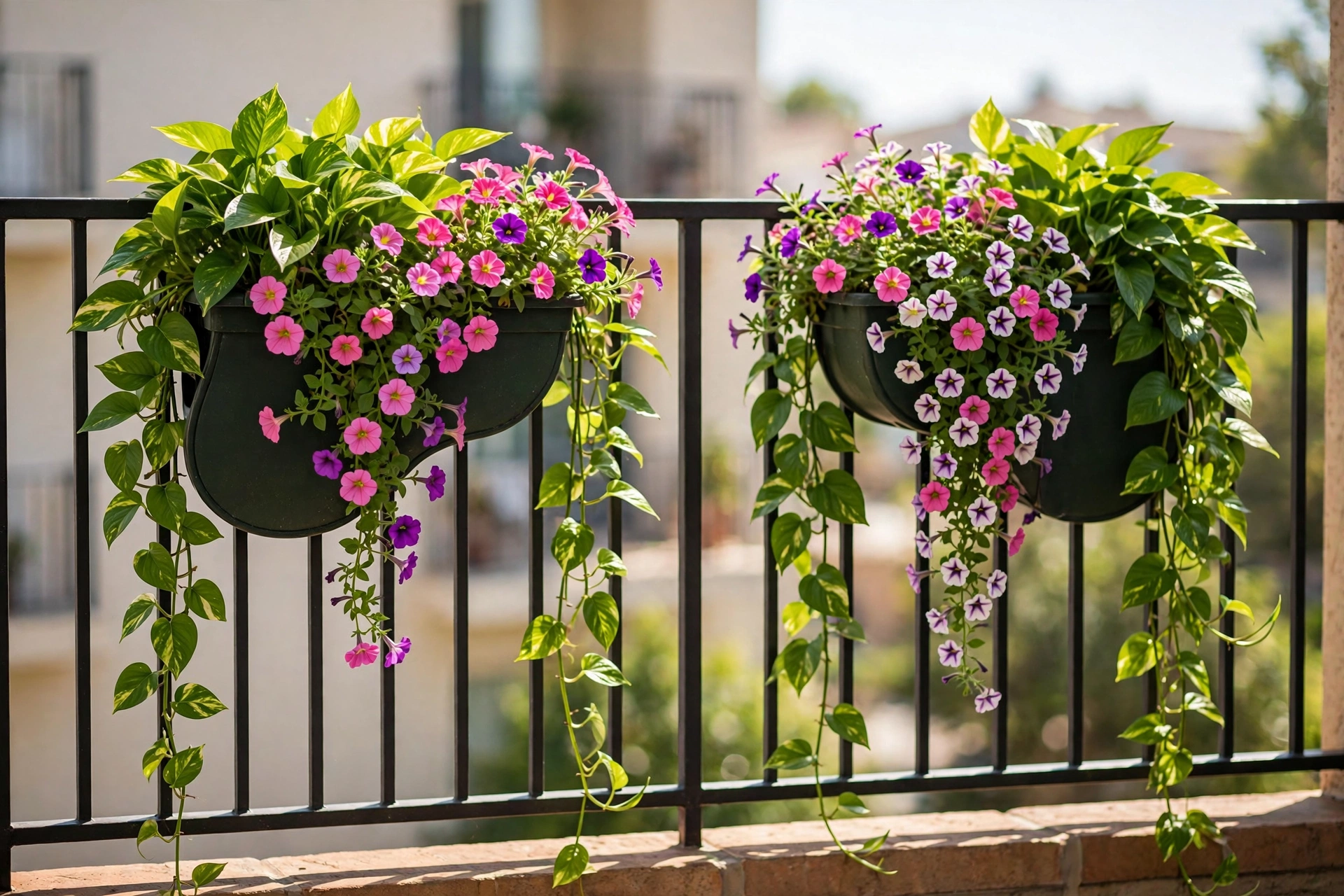 Balcony decor ideas showing saddle-style railing planters with trailing pothos and colorful flowers.