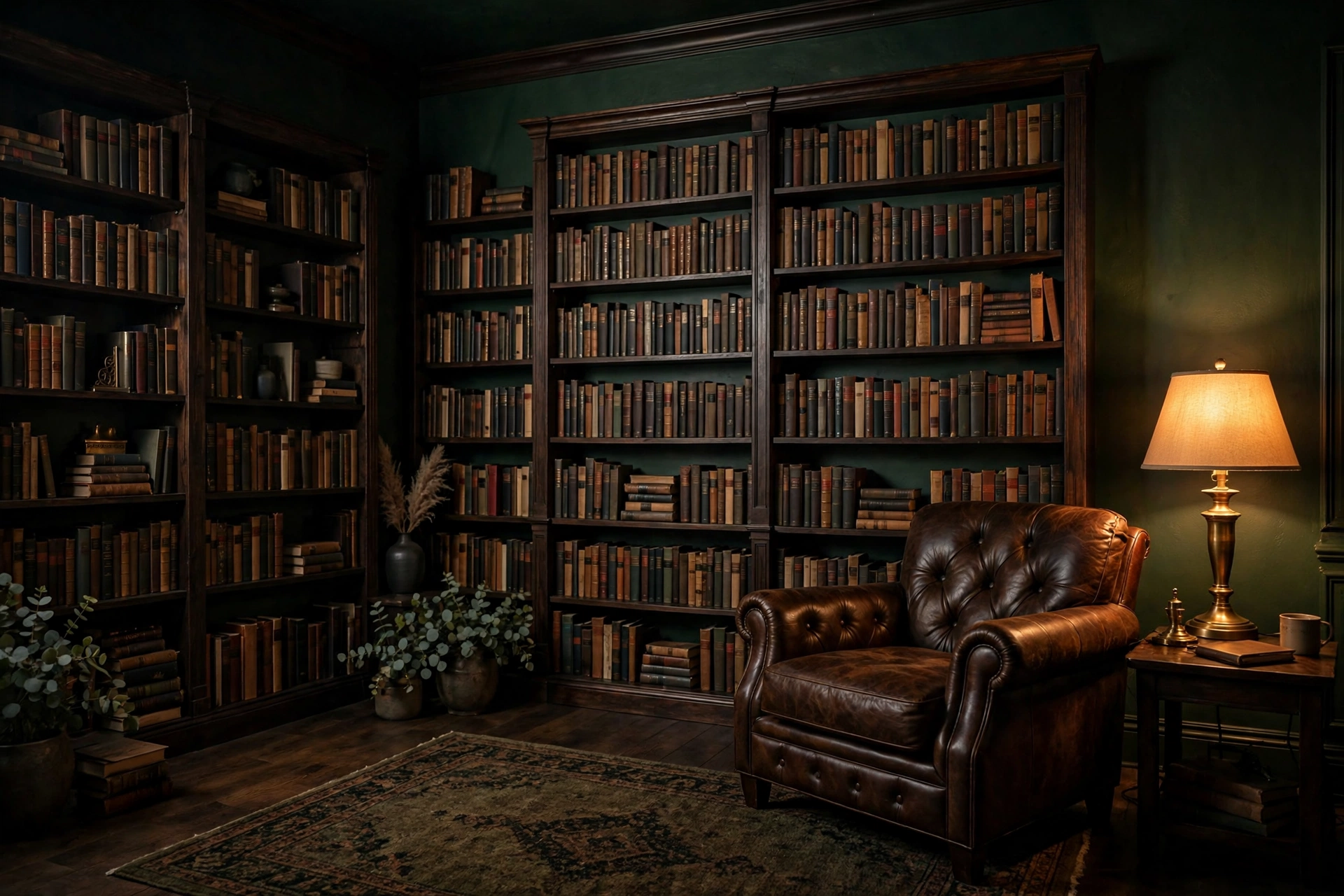 Home library design ideas showing deep forest-green walls making book spines glow in a moody library.