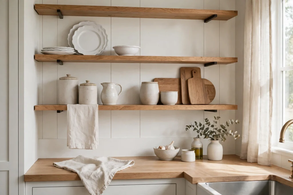 Oak open shelves with white ironstone, stoneware and cutting boards in farmhouse kitchen