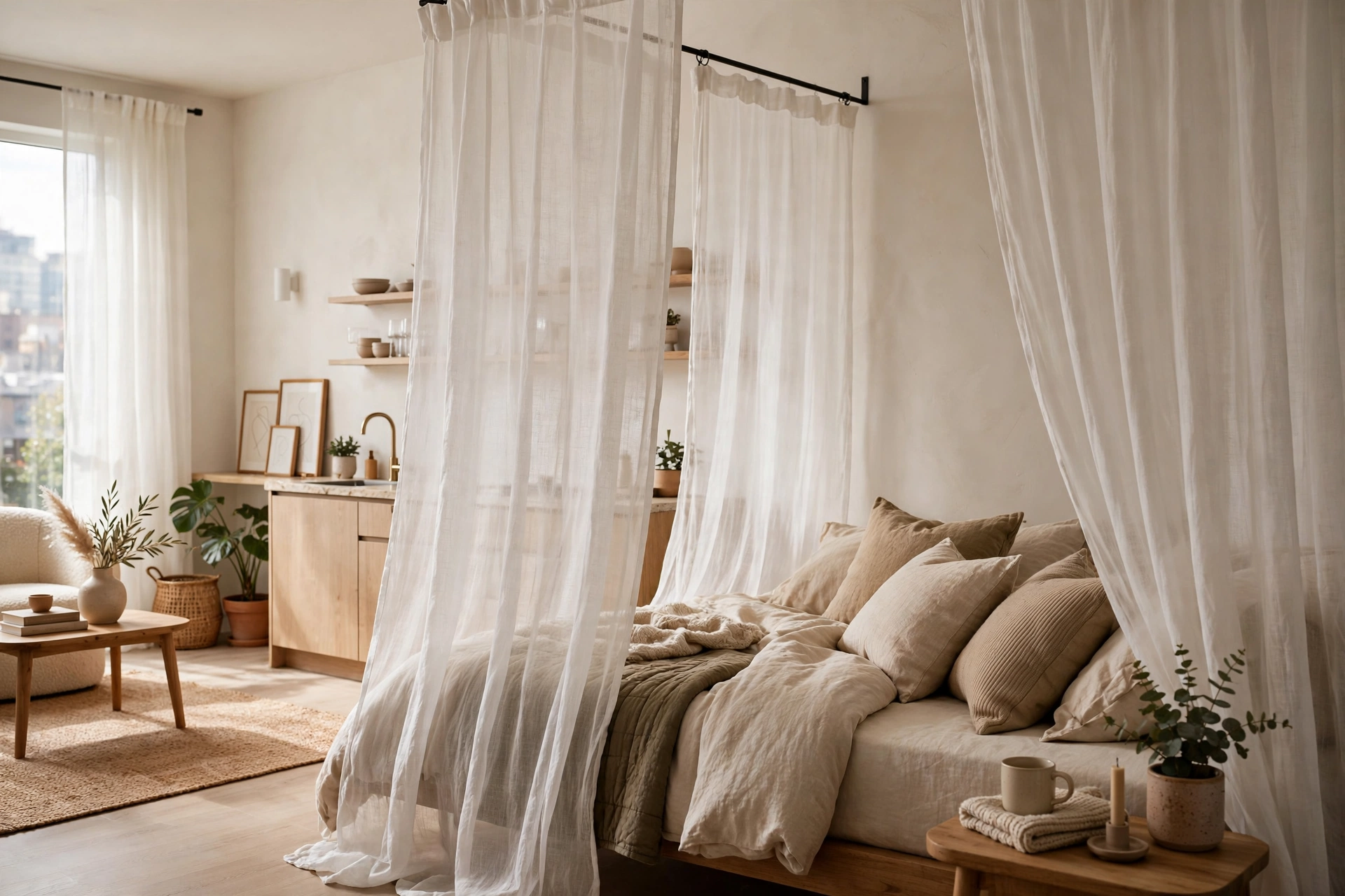 Sheer curtains dividing a cozy sleeping nook in a studio apartment