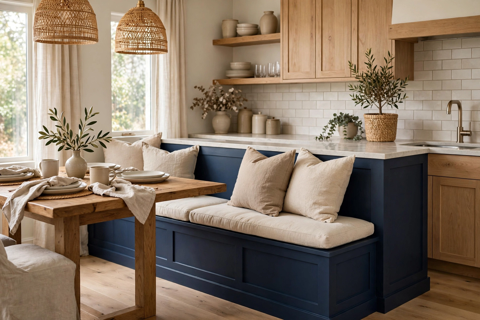 Navy blue painted banquette base with neutral kitchen decor
