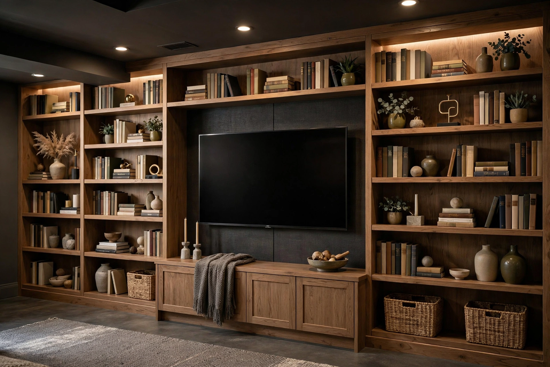 Floor-to-ceiling built-in shelves with books and decor around a basement media wall