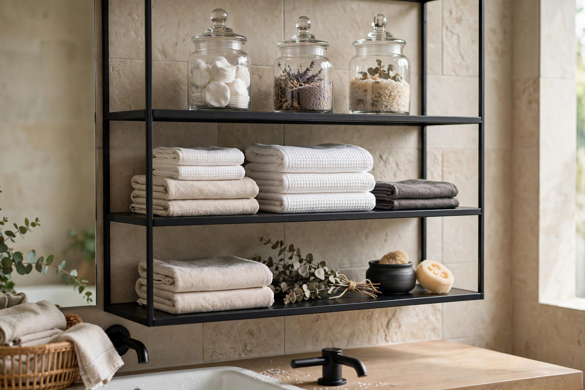 Black metal open bathroom shelves with folded linens and apothecary jars