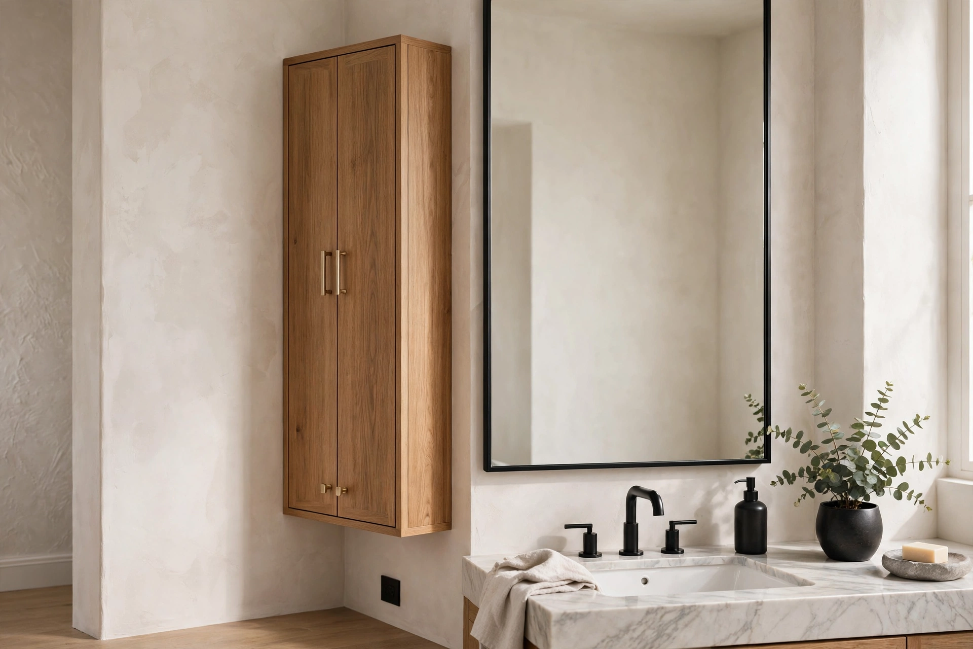 Narrow wall mounted bathroom cabinet beside mirror with closed door storage