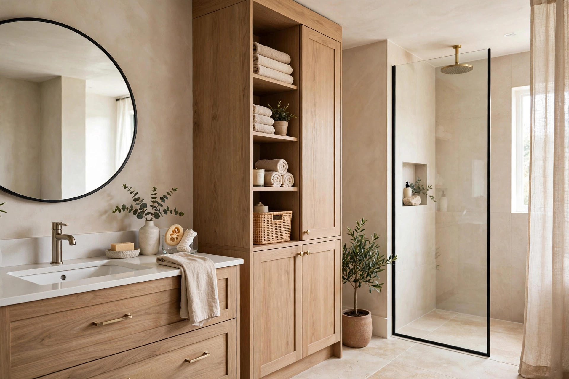 Bathroom vanity with tall built-in tower storage cabinet