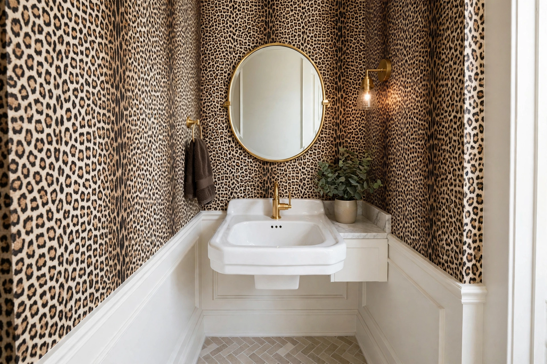 Leopard print wallpaper in chic small powder room with white sink