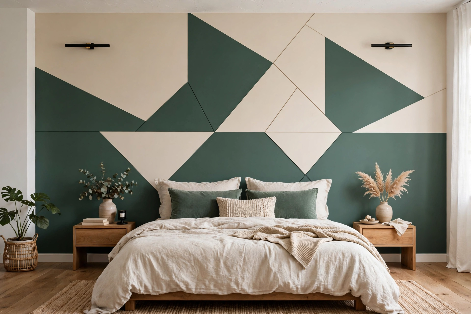 Two-tone color-blocked accent wall with geometric shapes behind a bed