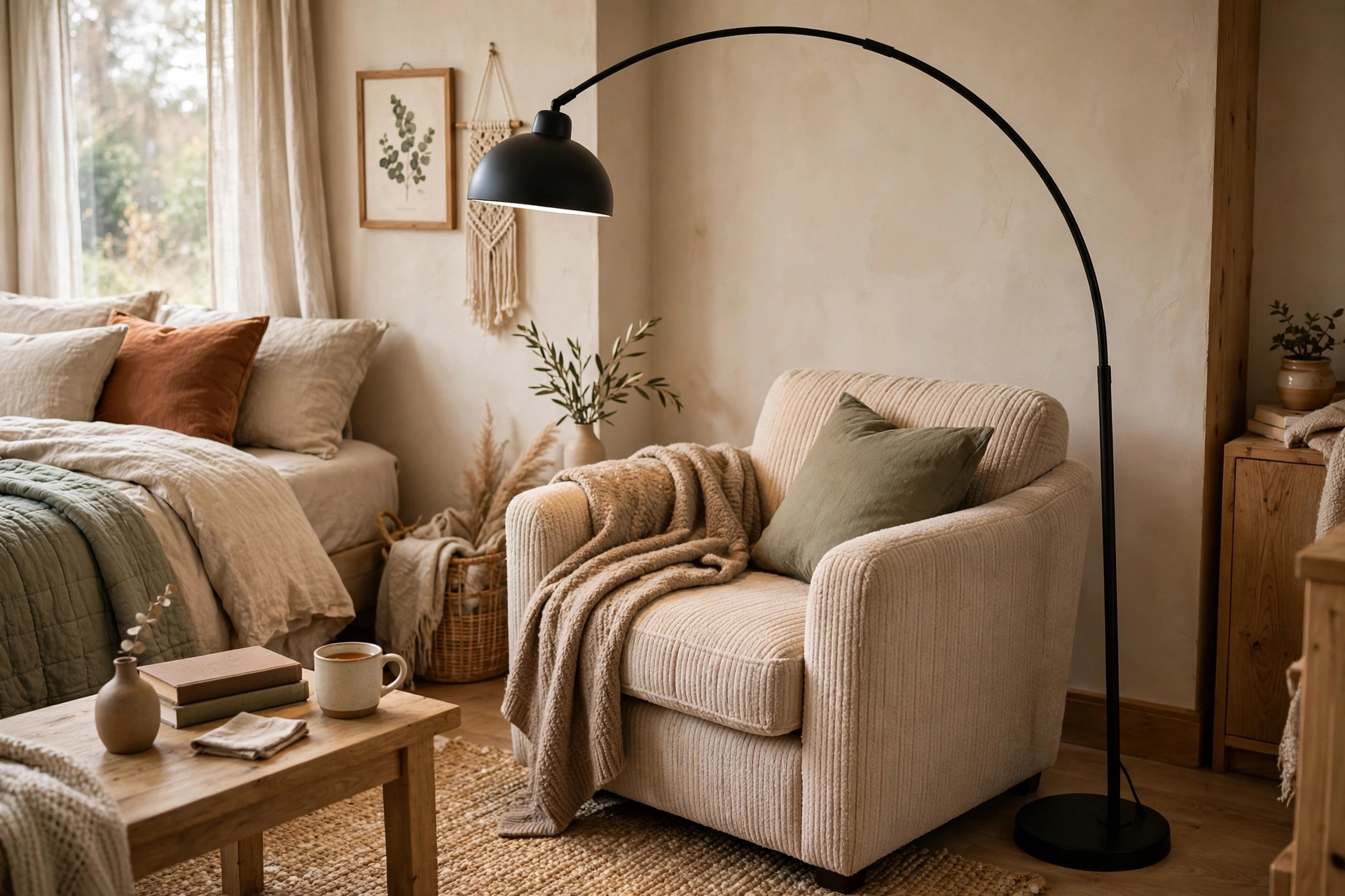 Arc floor lamp curving over an armchair in a cozy bedroom reading corner