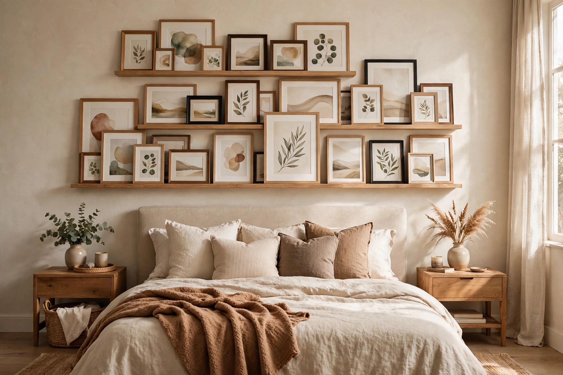 Layered picture ledge gallery with overlapping frames above the bed