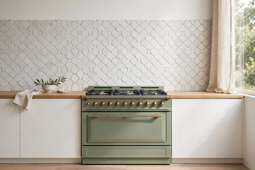 Handmade zellige tile backsplash in soft white behind a sage green kitchen range