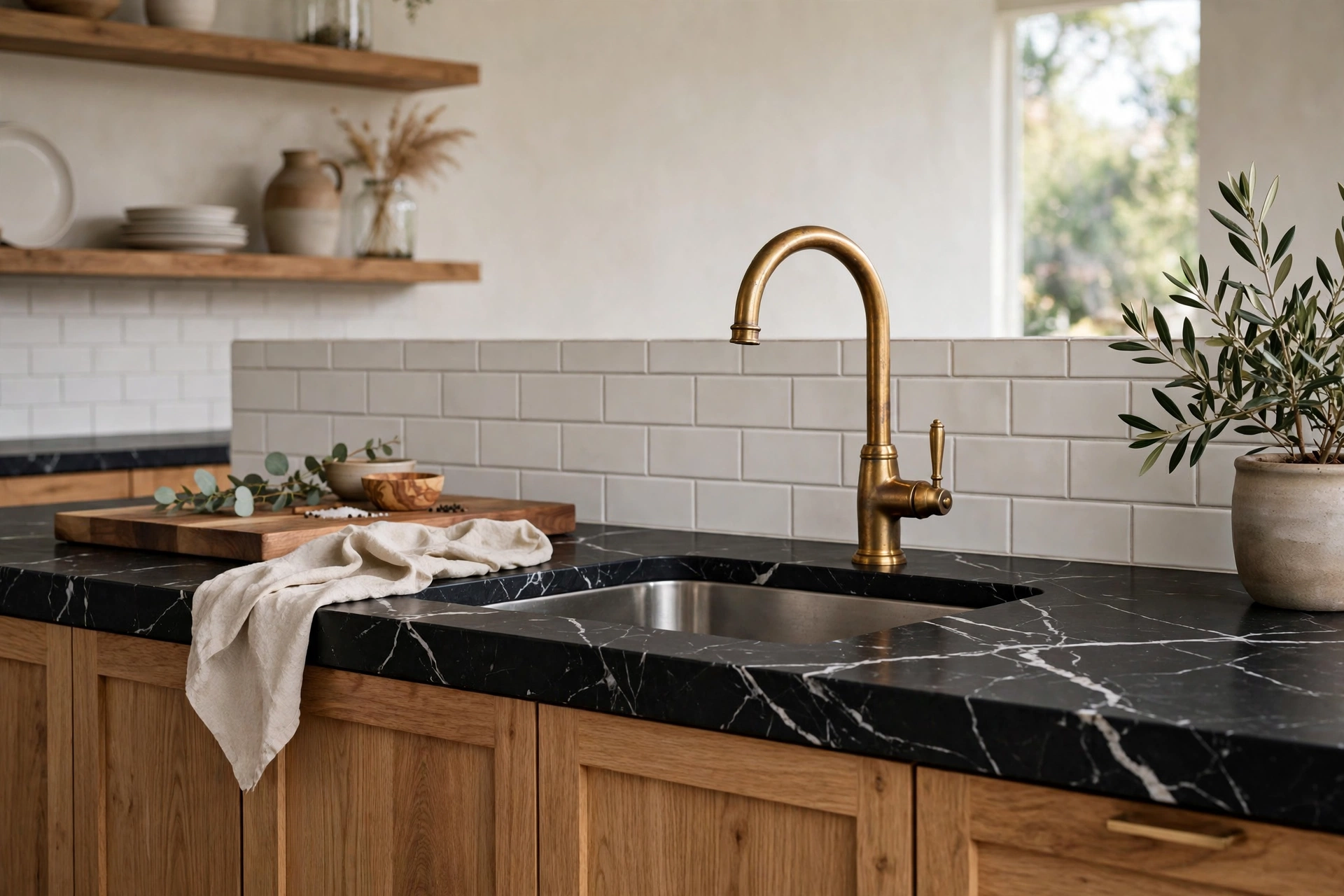 Black marble kitchen countertops with white veining and brass faucet