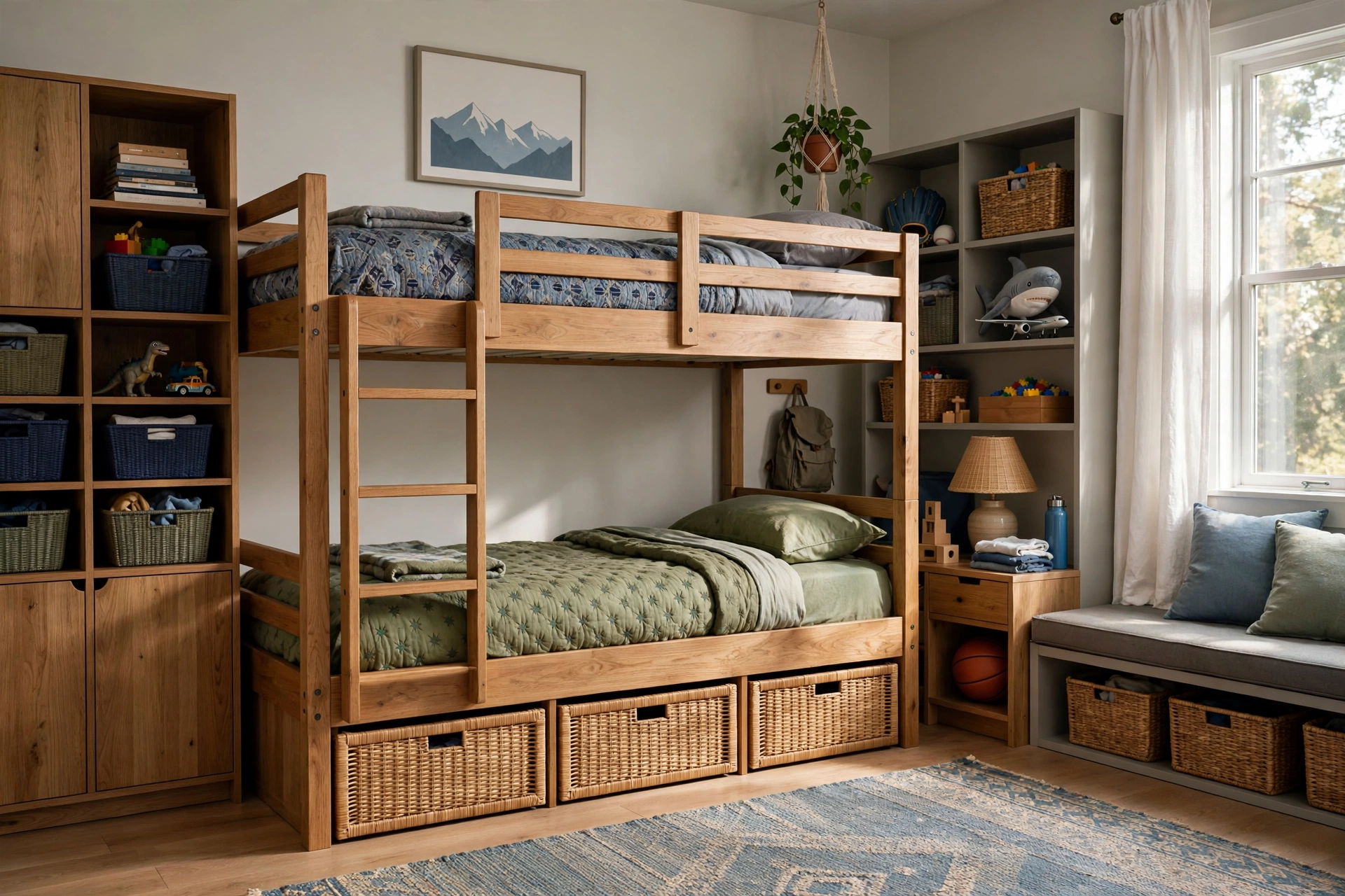 Shared boys bedroom with bunk bed for brothers and storage