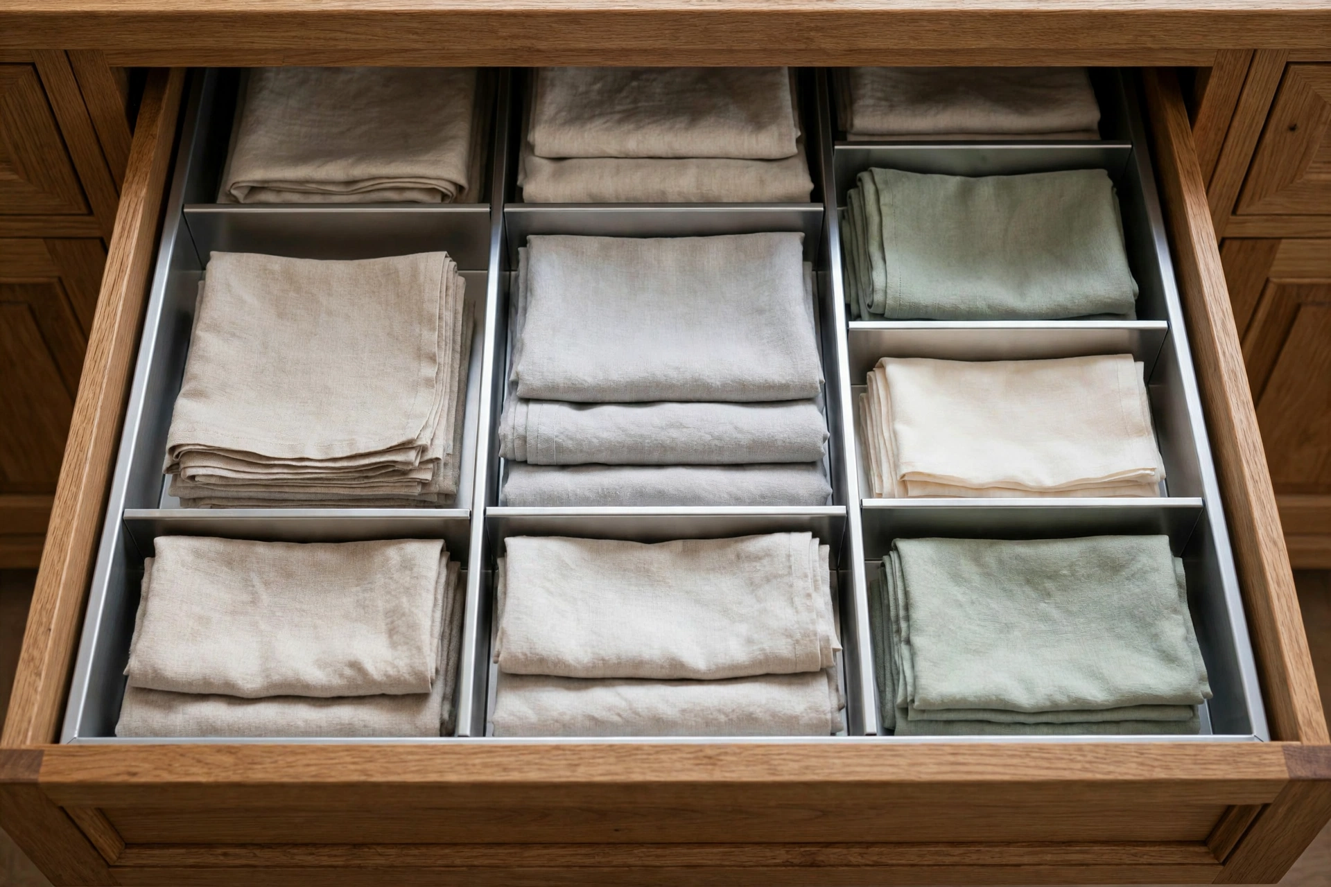 Open buffet drawer with folded linens and silver dividers