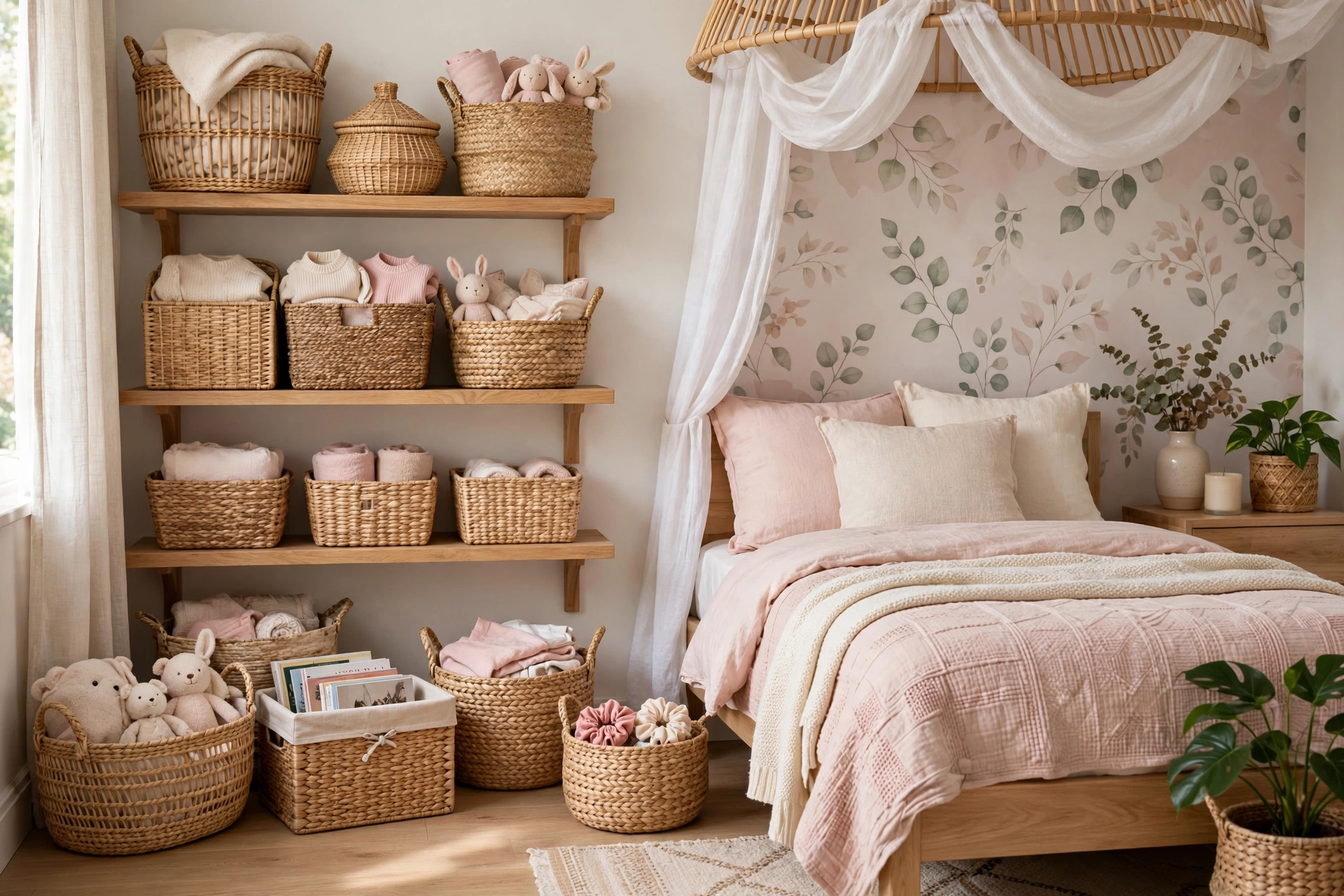 Woven baskets and bins as stylish girls bedroom storage